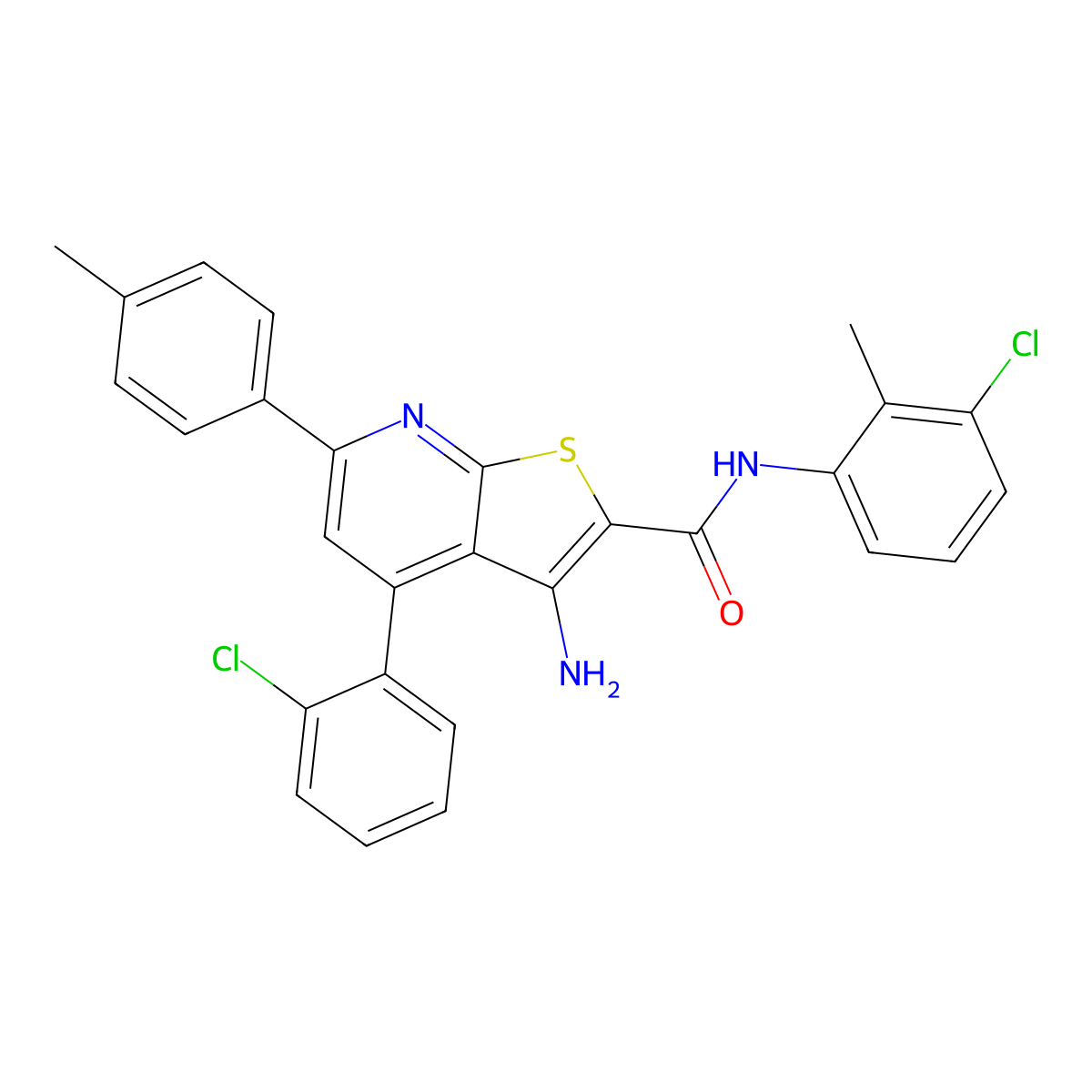 3-Amino-N-(3-chloro-2-methylphenyl)-4-(2-chlorophenyl)-6-(p-tolyl)thieno[2,3-b]pyridine-2-carboxamide molecular structure, CAS 444156-88-1