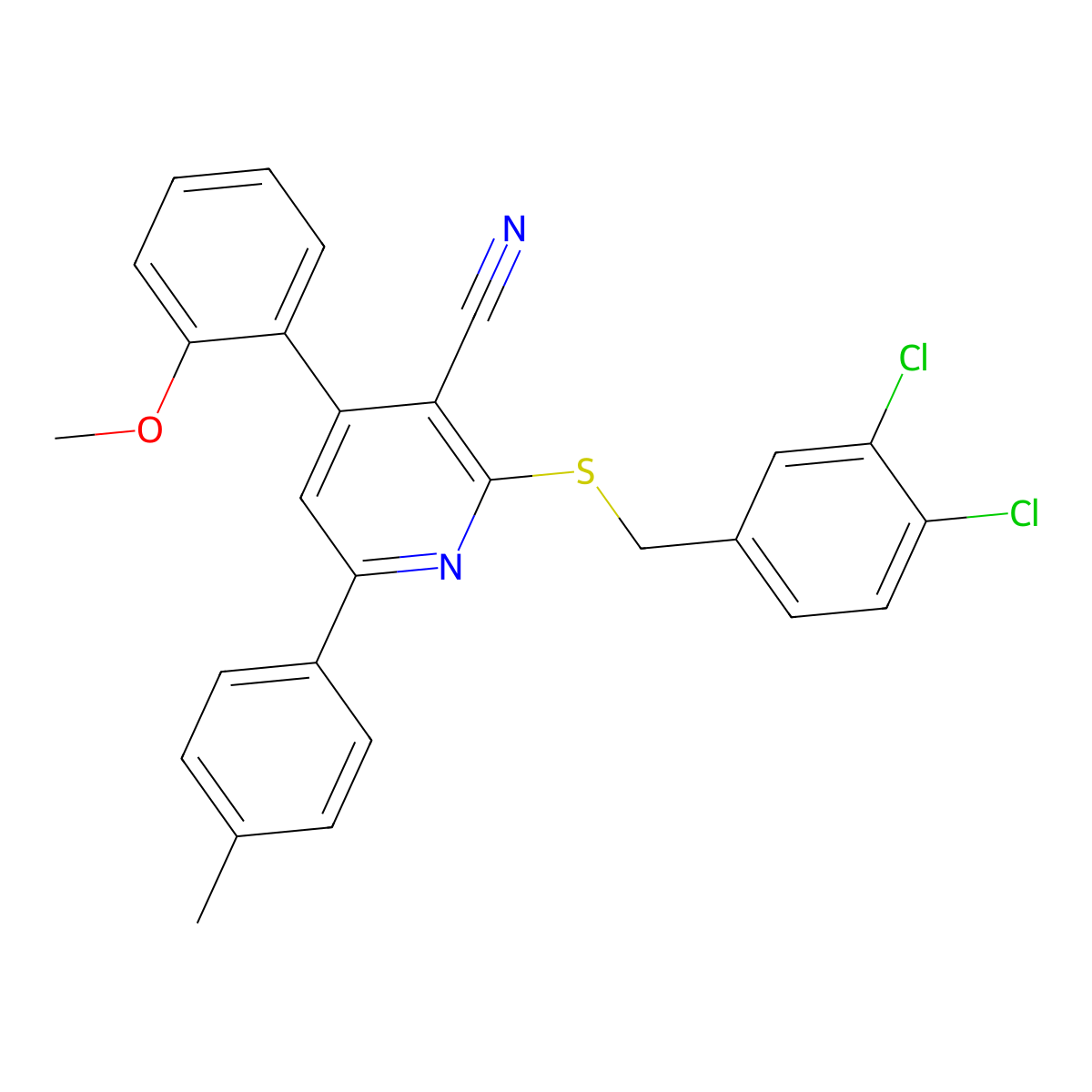 2-((3,4-Dichlorobenzyl)thio)-4-(2-methoxyphenyl)-6-(p-tolyl)nicotinonitrile molecular structure, CAS 444156-95-0