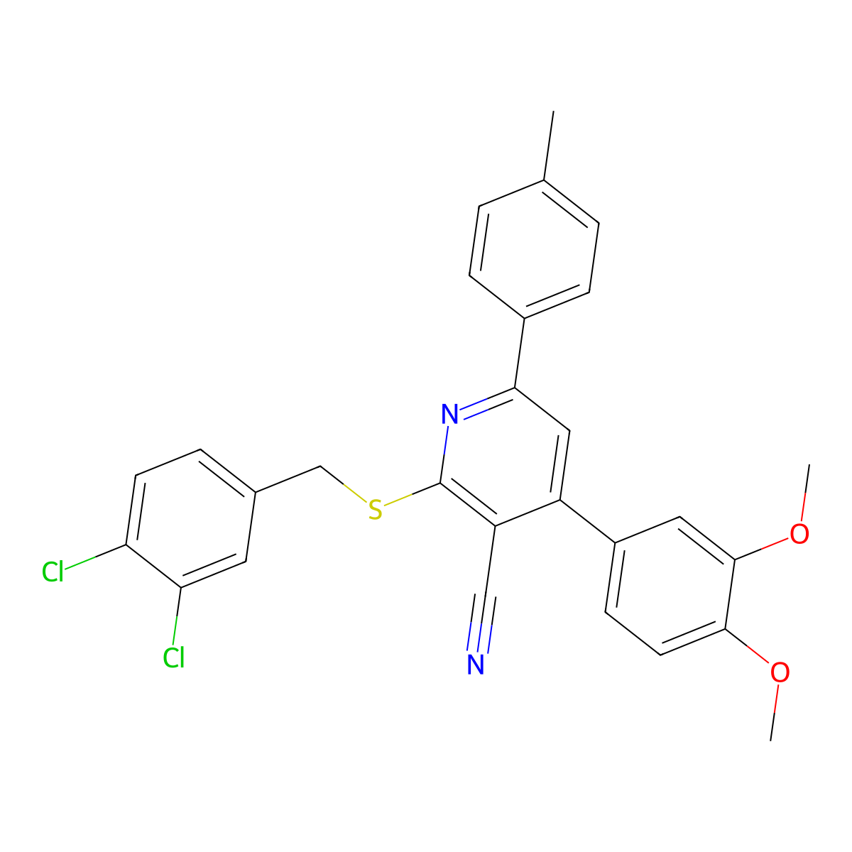 2-((3,4-Dichlorobenzyl)thio)-4-(3,4-dimethoxyphenyl)-6-(p-tolyl)nicotinonitrile molecular structure, CAS 444156-97-2