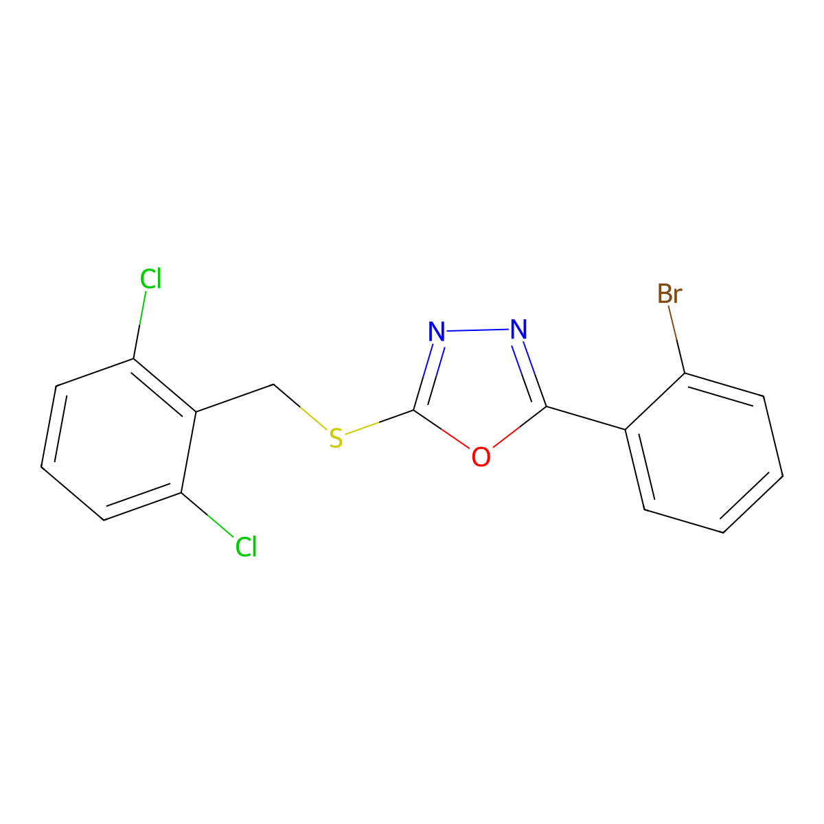 2-(2-Bromophenyl)-5-((2,6-dichlorobenzyl)thio)-1,3,4-oxadiazole molecular structure, CAS 444157-02-2