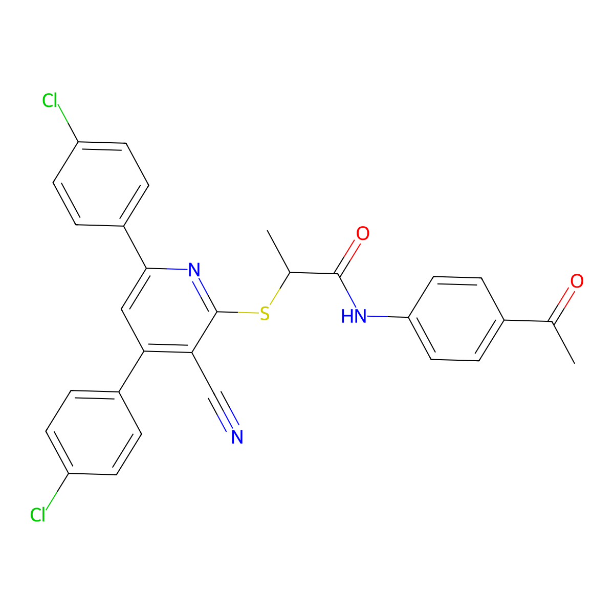 N-(4-Acetylphenyl)-2-((4,6-bis(4-chlorophenyl)-3-cyanopyridin-2-yl)thio)propanamide molecular structure, CAS 444157-31-7
