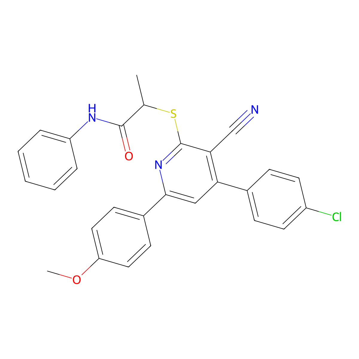 2-((4-(4-Chlorophenyl)-3-cyano-6-(4-methoxyphenyl)pyridin-2-yl)thio)-N-phenylpropanamide molecular structure, CAS 444157-50-0