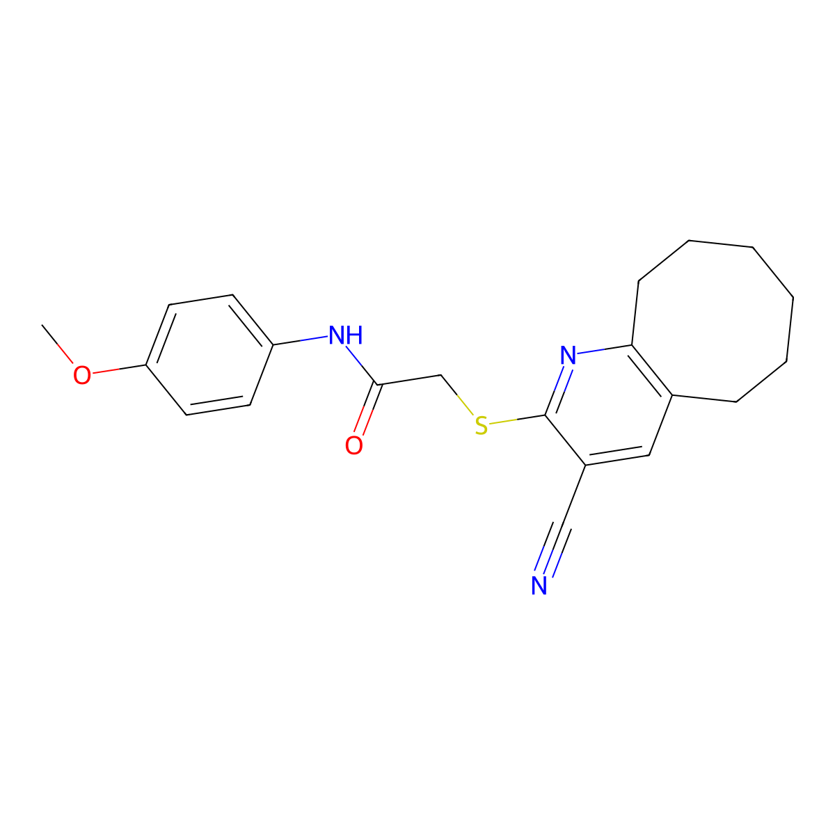 2-[(3-cyano-5,6,7,8,9,10-hexahydrocycloocta[b]pyridin-2-yl)sulfanyl]-N-(4-methoxyphenyl)acetamide molecular structure, CAS 444160-96-7