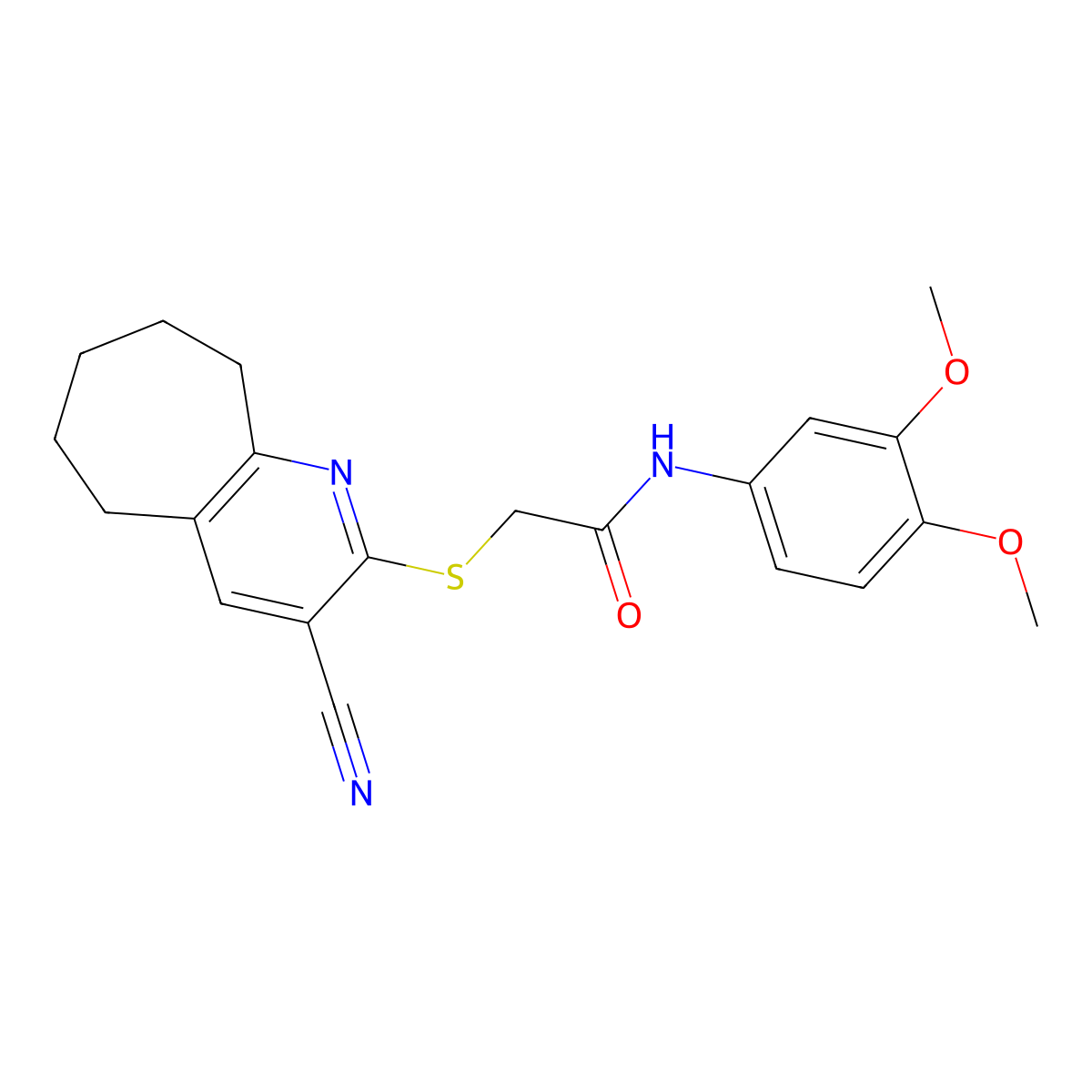2-[(3-cyano-6,7,8,9-tetrahydro-5H-cyclohepta[b]pyridin-2-yl)sulfanyl]-N-(3,4-dimethoxyphenyl)acetamide molecular structure, CAS 444161-07-3