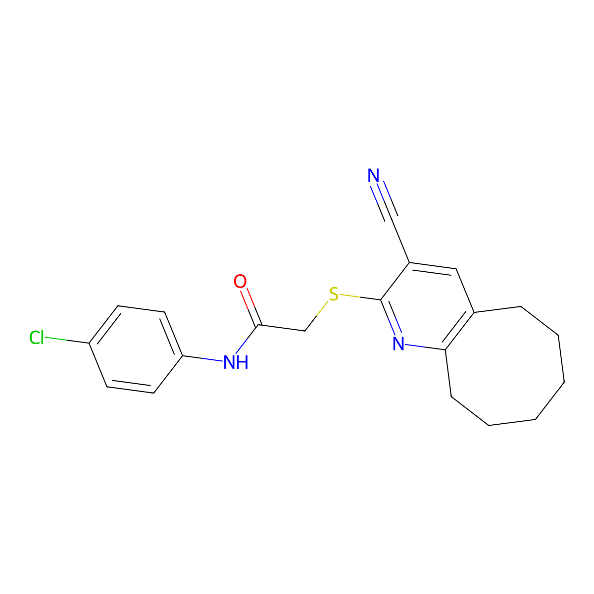 N-(4-chlorophenyl)-2-[(3-cyano-5,6,7,8,9,10-hexahydrocycloocta[b]pyridin-2-yl)sulfanyl]acetamide molecular structure, CAS 444161-70-0