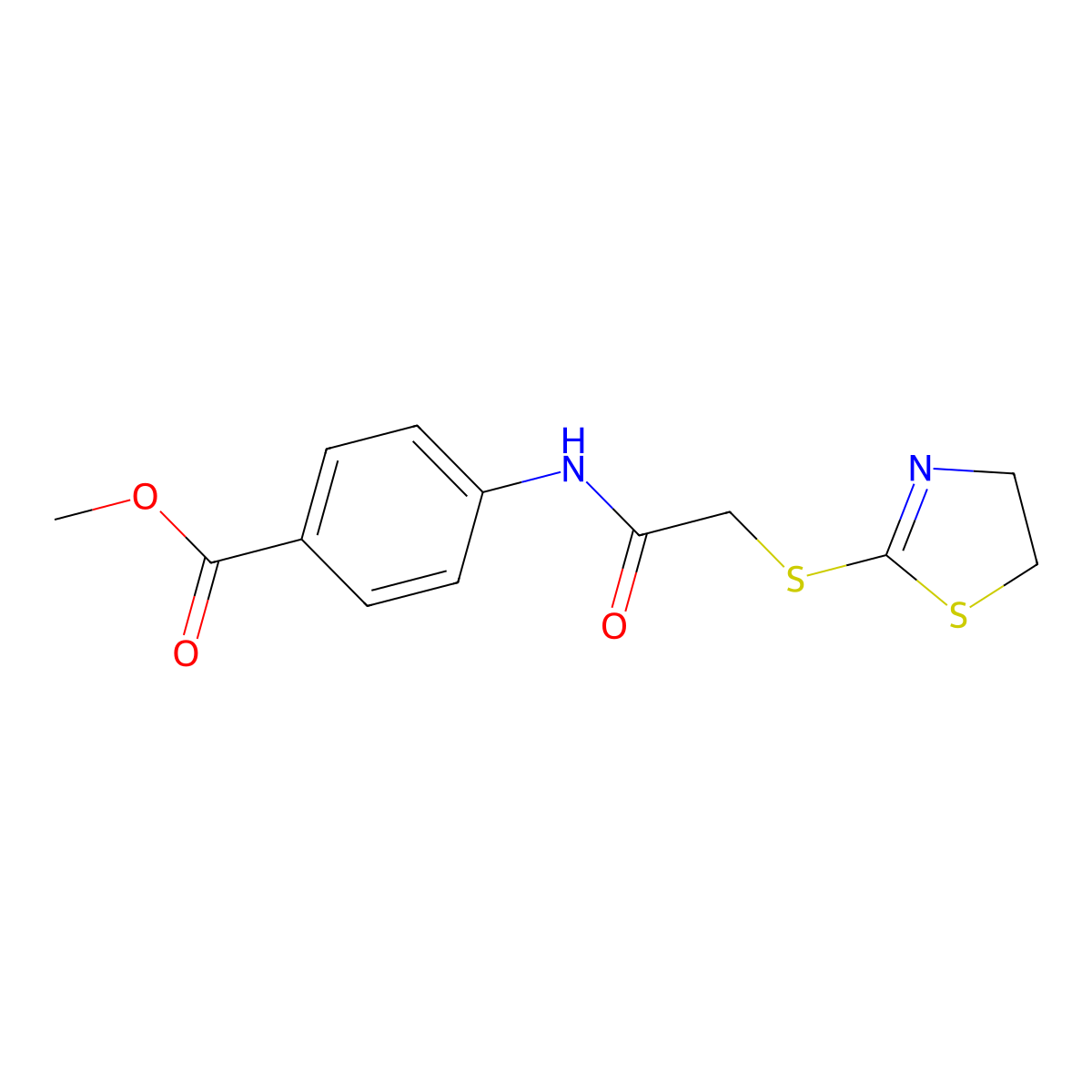 Methyl 4-(2-((4,5-dihydrothiazol-2-yl)thio)acetamido)benzoate molecular structure, CAS 444164-70-9