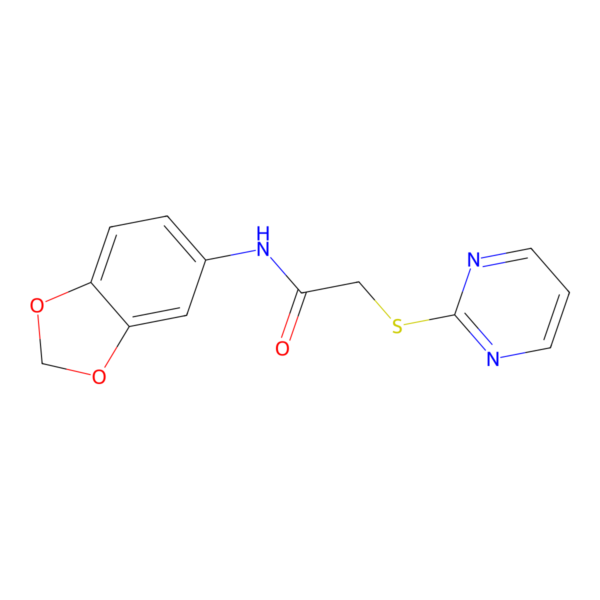 N-(2H-1,3-benzodioxol-5-yl)-2-(pyrimidin-2-ylsulfanyl)acetamide molecular structure, CAS 444165-17-7