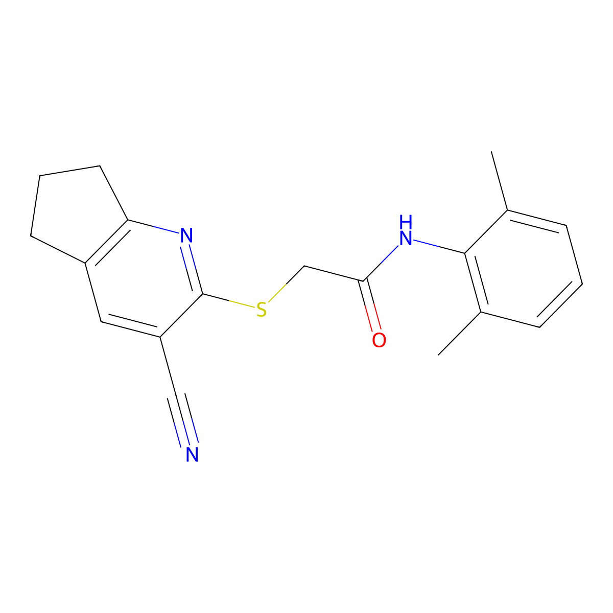 2-[(3-cyano-6,7-dihydro-5H-cyclopenta[b]pyridin-2-yl)sulfanyl]-N-(2,6-dimethylphenyl)acetamide molecular structure, CAS 444166-23-8