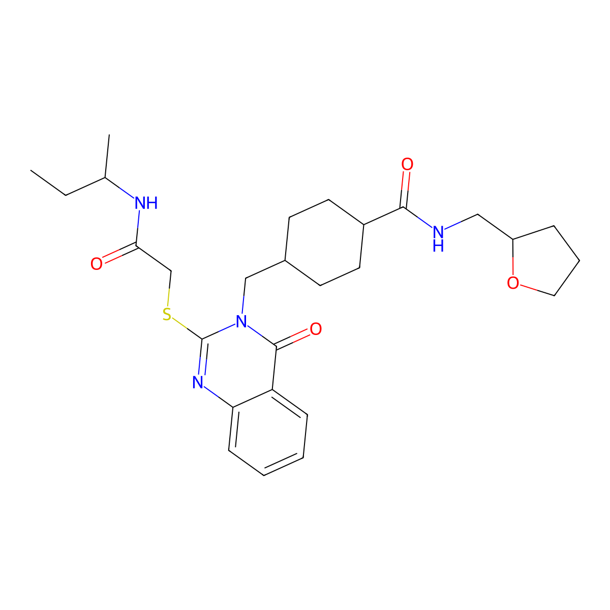4-((2-((2-(sec-butylamino)-2-oxoethyl)thio)-4-oxoquinazolin-3(4H)-yl)methyl)-N-((tetrahydrofuran-2-yl)methyl)cyclohexanecarboxamide molecular structure, CAS 444184-71-8