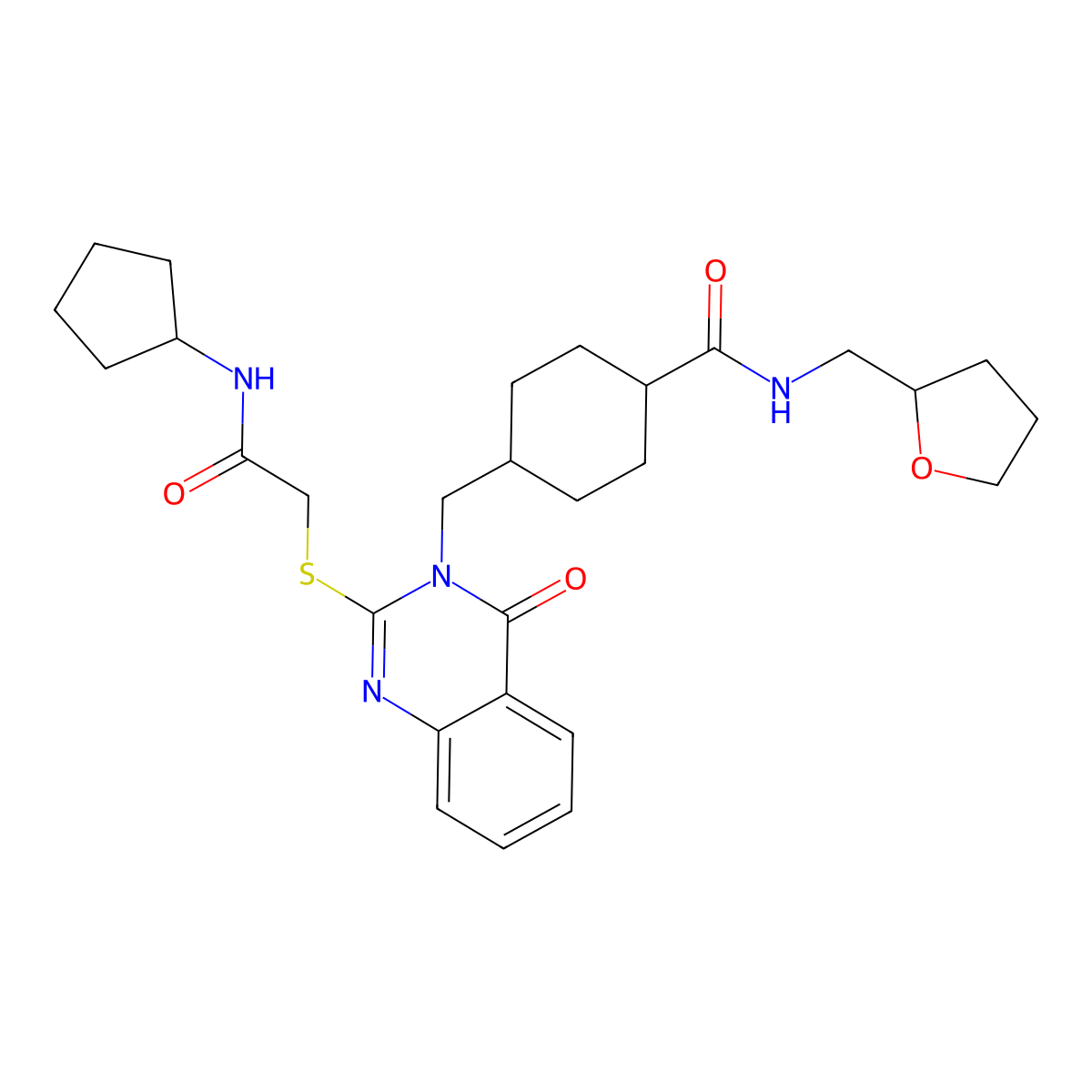 4-((2-((2-(cyclopentylamino)-2-oxoethyl)thio)-4-oxoquinazolin-3(4H)-yl)methyl)-N-((tetrahydrofuran-2-yl)methyl)cyclohexanecarboxamide molecular structure, CAS 444184-73-0