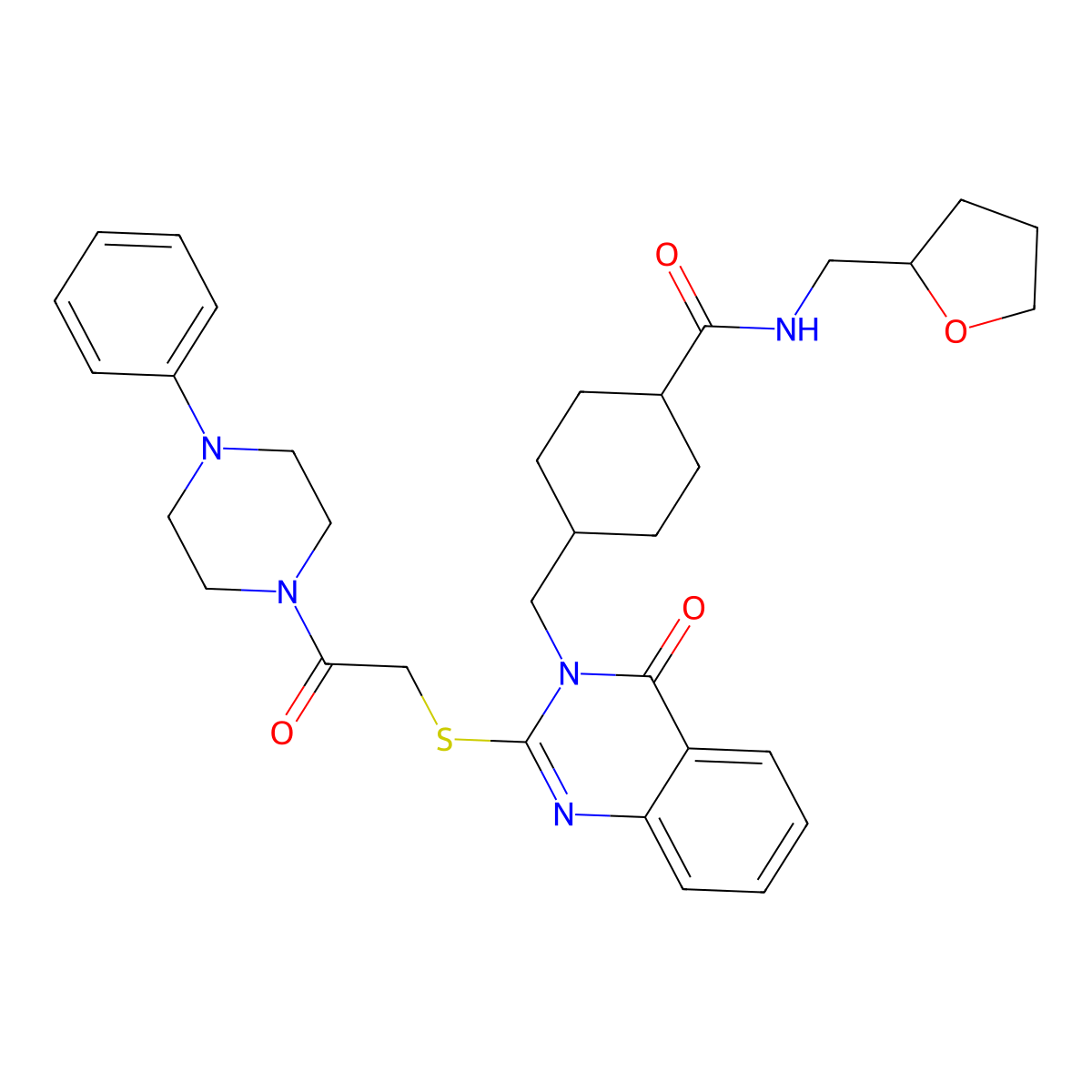 4-((4-oxo-2-((2-oxo-2-(4-phenylpiperazin-1-yl)ethyl)thio)quinazolin-3(4H)-yl)methyl)-N-((tetrahydrofuran-2-yl)methyl)cyclohexanecarboxamide molecular structure, CAS 444184-76-3