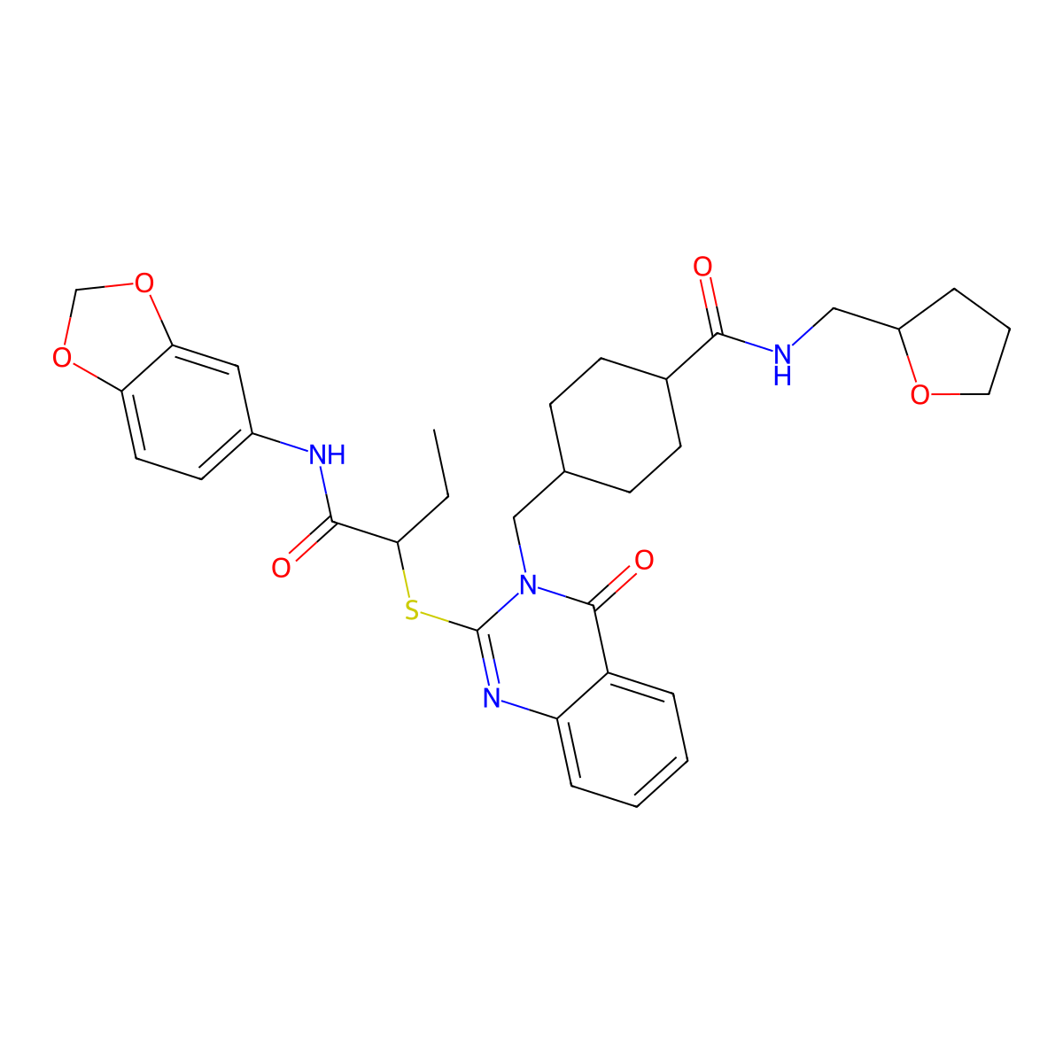 4-{[2-({1-[(2H-1,3-benzodioxol-5-yl)carbamoyl]propyl}sulfanyl)-4-oxo-3,4-dihydroquinazolin-3-yl]methyl}-N-[(oxolan-2-yl)methyl]cyclohexane-1-carboxamide molecular structure, CAS 444184-77-4