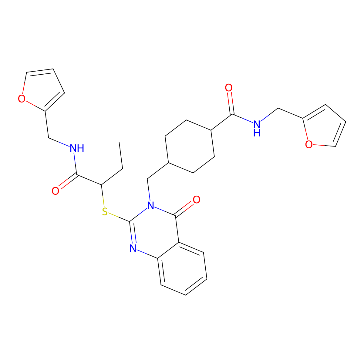 N-(furan-2-ylmethyl)-4-[[2-[1-(furan-2-ylmethylamino)-1-oxobutan-2-yl]sulfanyl-4-oxoquinazolin-3-yl]methyl]cyclohexane-1-carboxamide molecular structure, CAS 444184-79-6