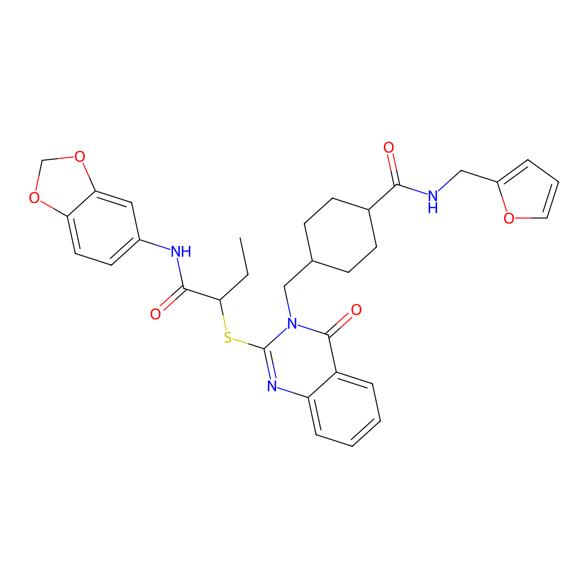 4-{[2-({1-[(2H-1,3-benzodioxol-5-yl)carbamoyl]propyl}sulfanyl)-4-oxo-3,4-dihydroquinazolin-3-yl]methyl}-N-[(furan-2-yl)methyl]cyclohexane-1-carboxamide molecular structure, CAS 444184-81-0