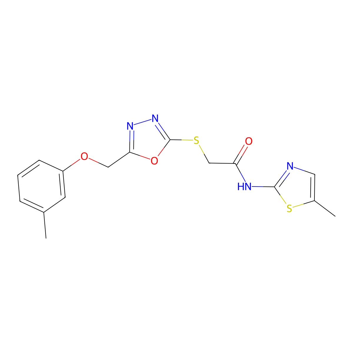 2-({5-[(3-methylphenoxy)methyl]-1,3,4-oxadiazol-2-yl}sulfanyl)-N-(5-methyl-1,3-thiazol-2-yl)acetamide molecular structure, CAS 444286-87-7