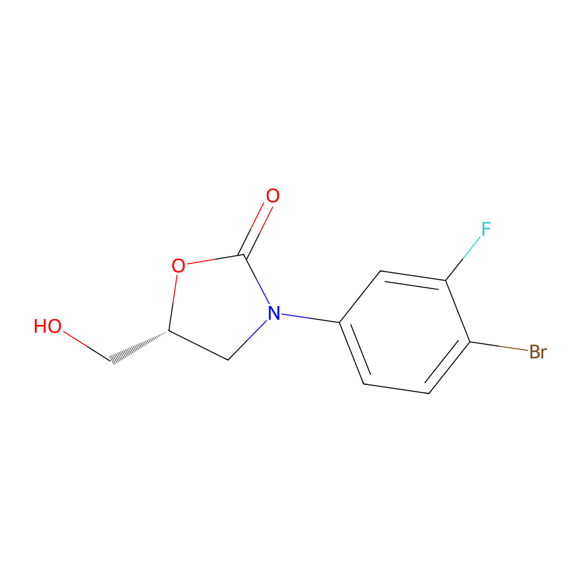 3-(4-Bromo-3-fluorophenyl)-5-(hydroxymethyl)oxazolidin-2-one, (R)- molecular structure, CAS 444335-16-4