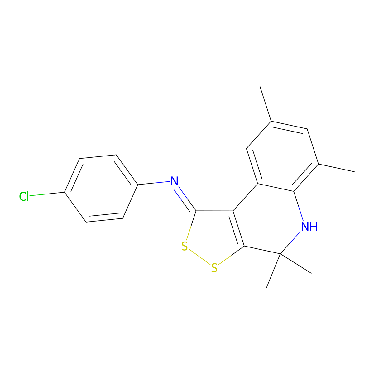 (4-chlorophenyl)(4,4,6,8-tetramethyl-4,5-dihydro-1H-[1,2]dithiolo[3,4-c]quinolin-1-ylidene)amine molecular structure, CAS 444545-33-9