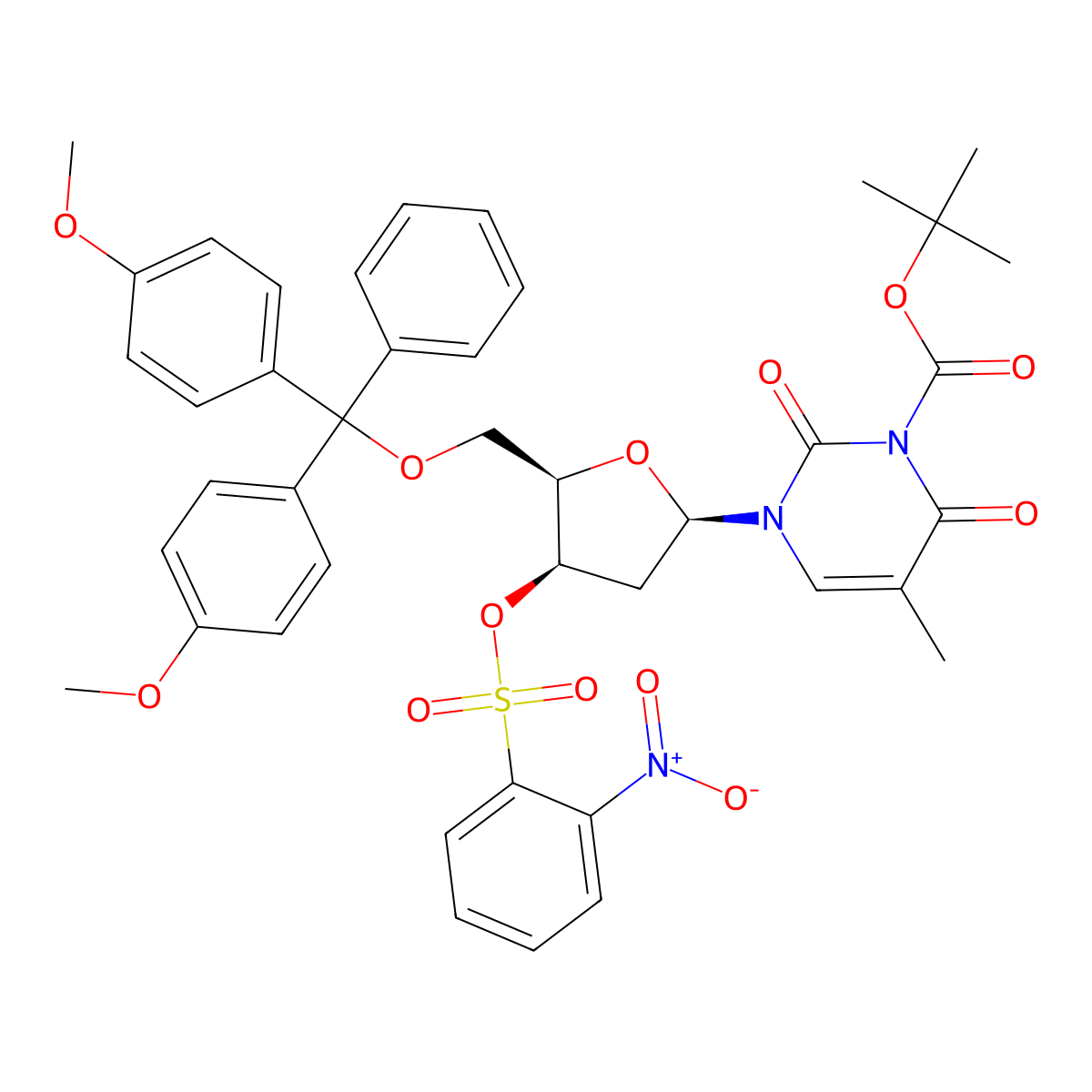 tert-butyl 3-[(2R,4R,5R)-5-[[bis(4-methoxyphenyl)-phenylmethoxy]methyl]-4-(2-nitrophenyl)sulfonyloxyoxolan-2-yl]-5-methyl-2,6-dioxopyrimidine-1-carboxylate molecular structure, CAS 444717-23-1