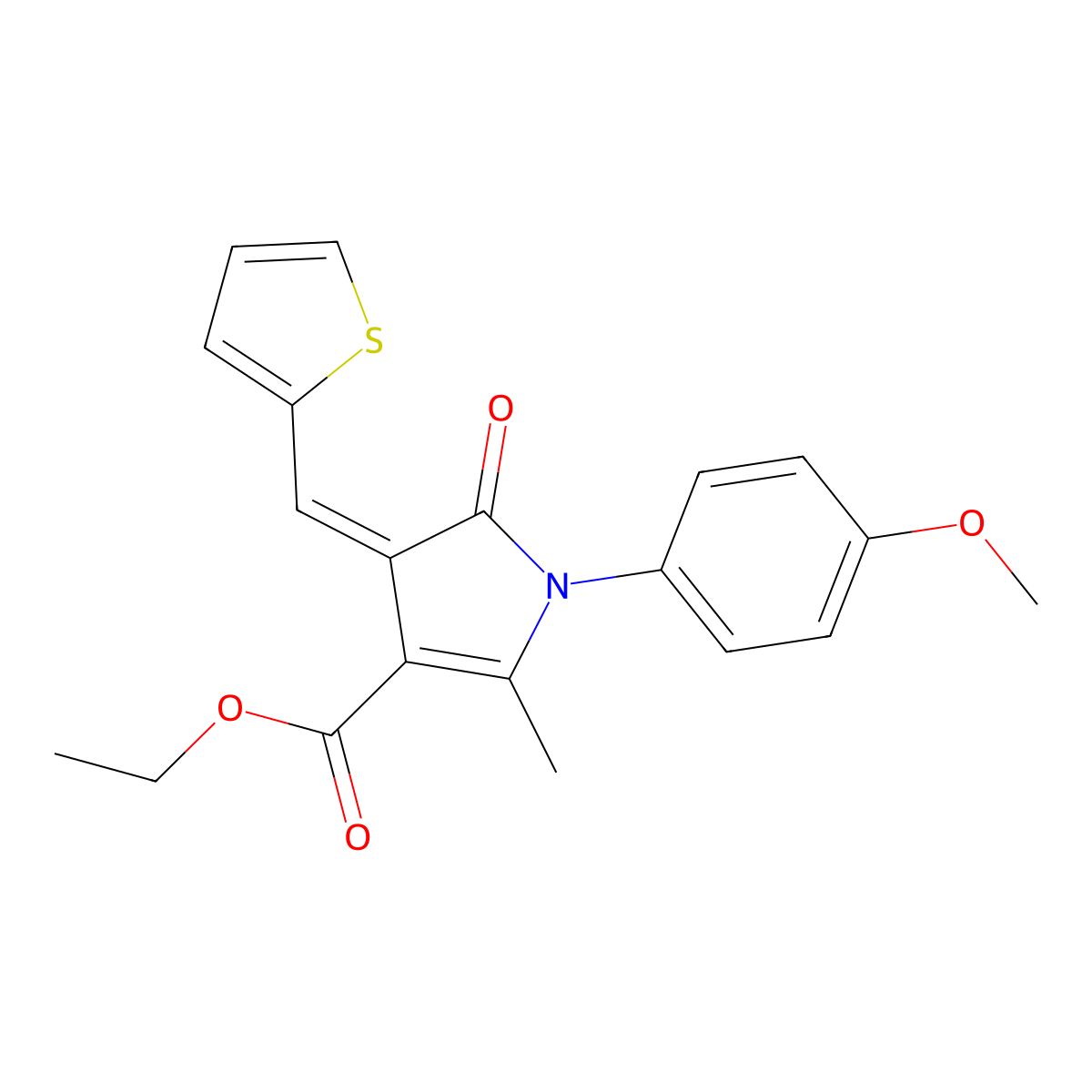 Ethyl 1-(4-methoxyphenyl)-2-methyl-5-oxo-4-(thiophen-2-ylmethylene)-4,5-dihydro-1h-pyrrole-3-carboxylate molecular structure, CAS 444777-88-2