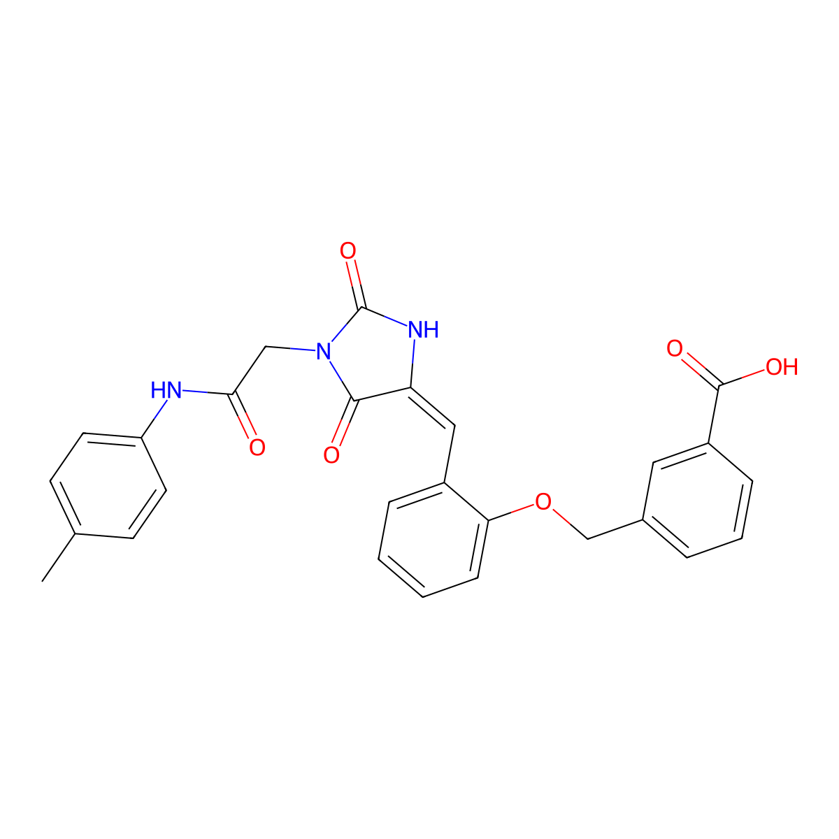 3-[[2-[[1-[2-(4-Methylanilino)-2-oxoethyl]-2,5-dioxoimidazolidin-4-ylidene]methyl]phenoxy]methyl]benzoic acid molecular structure, CAS 444780-45-4