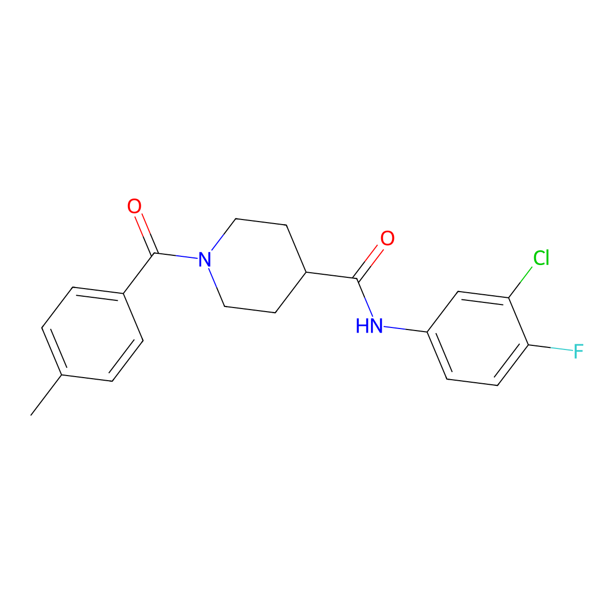 N-(3-chloro-4-fluorophenyl)-1-(4-methylbenzoyl)piperidine-4-carboxamide molecular structure, CAS 444784-33-2