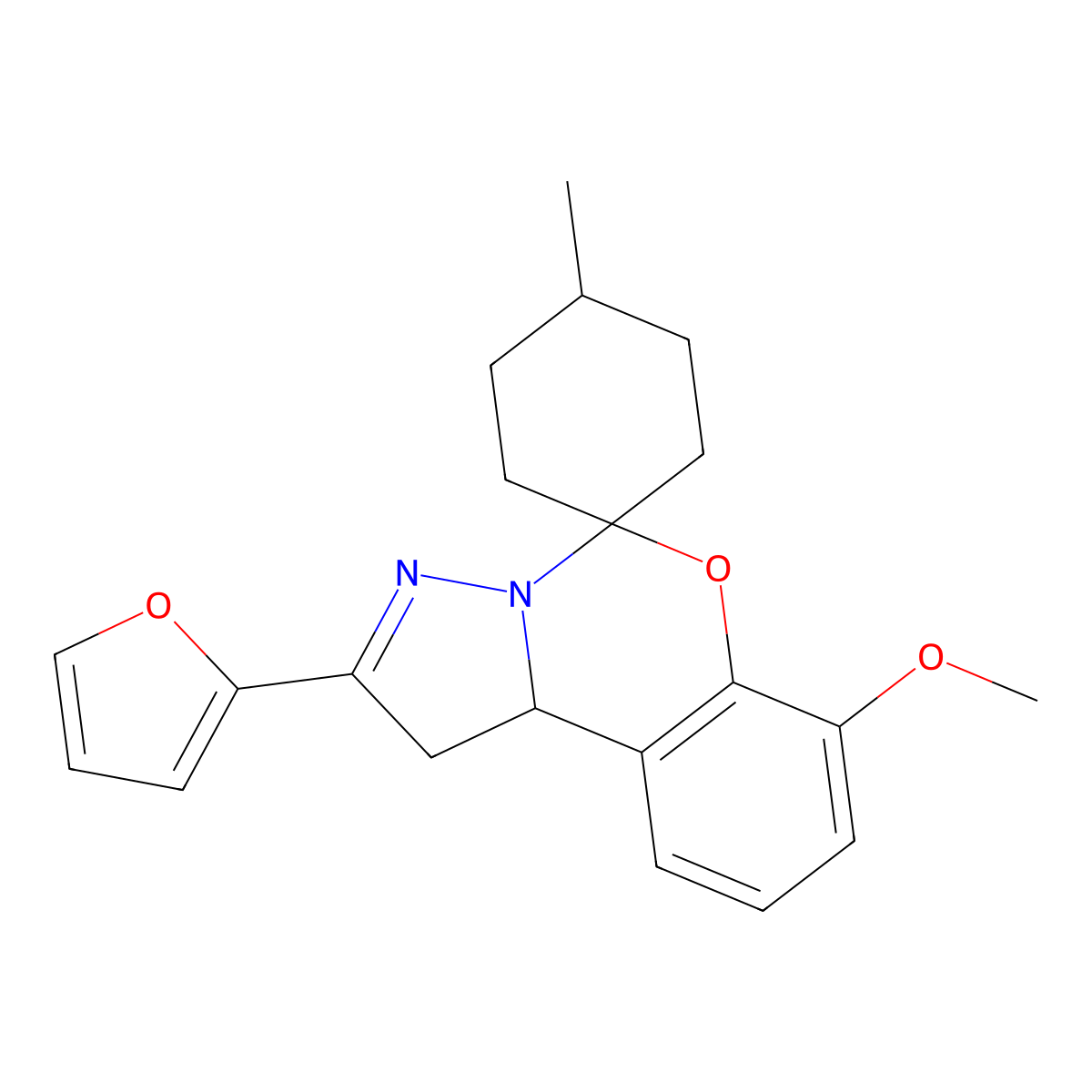 2-(Furan-2-yl)-7-methoxy-4'-methyl-1,10b-dihydrospiro[benzo[e]pyrazolo[1,5-c][1,3]oxazine-5,1'-cyclohexane] molecular structure, CAS 444787-98-8