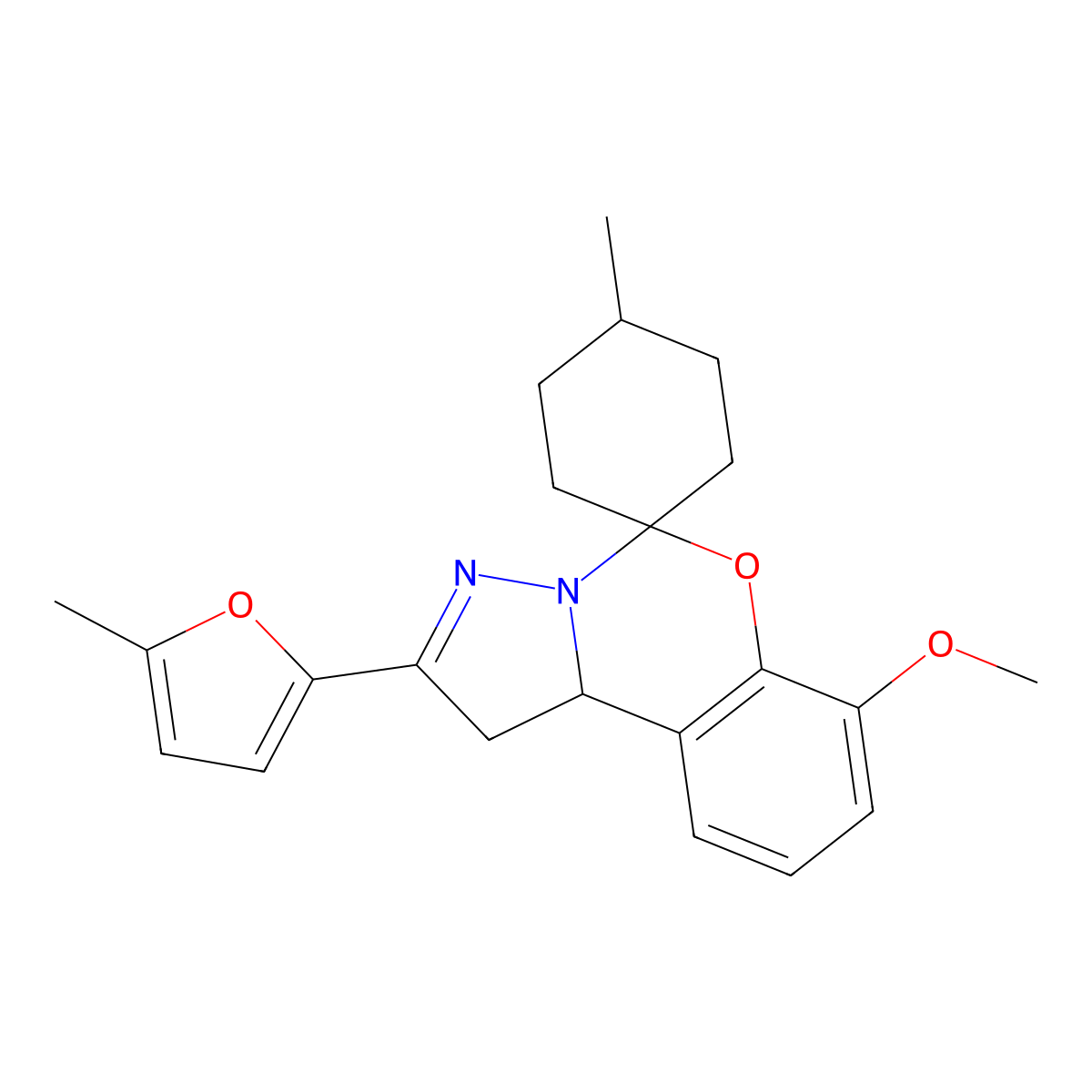 7-Methoxy-4'-methyl-2-(5-methylfuran-2-yl)-1,10b-dihydrospiro[benzo[e]pyrazolo[1,5-c][1,3]oxazine-5,1'-cyclohexane] molecular structure, CAS 444787-99-9