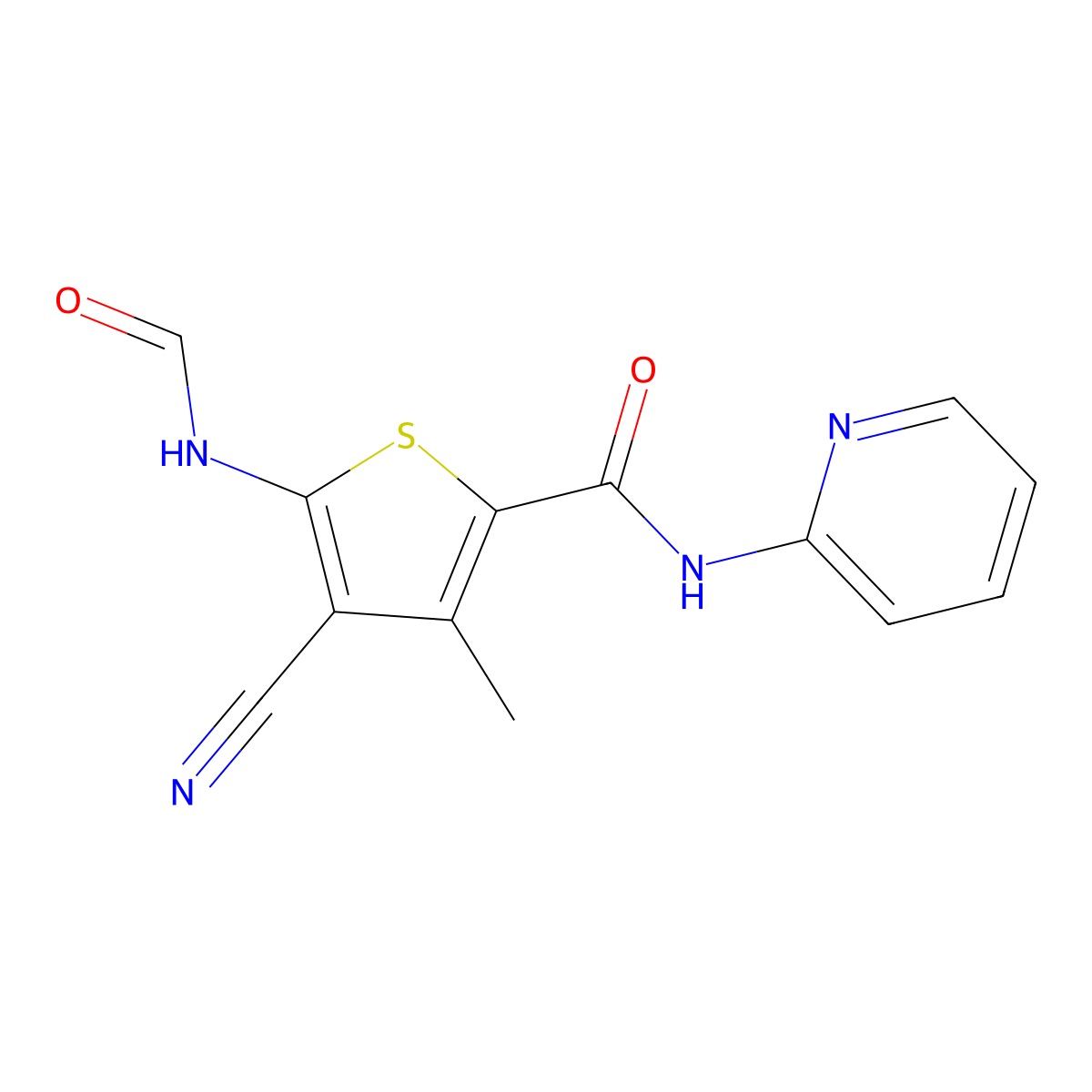 4-cyano-5-(formylamino)-3-methyl-N-(2-pyridinyl)-2-thiophenecarboxamide molecular structure, CAS 444790-21-0