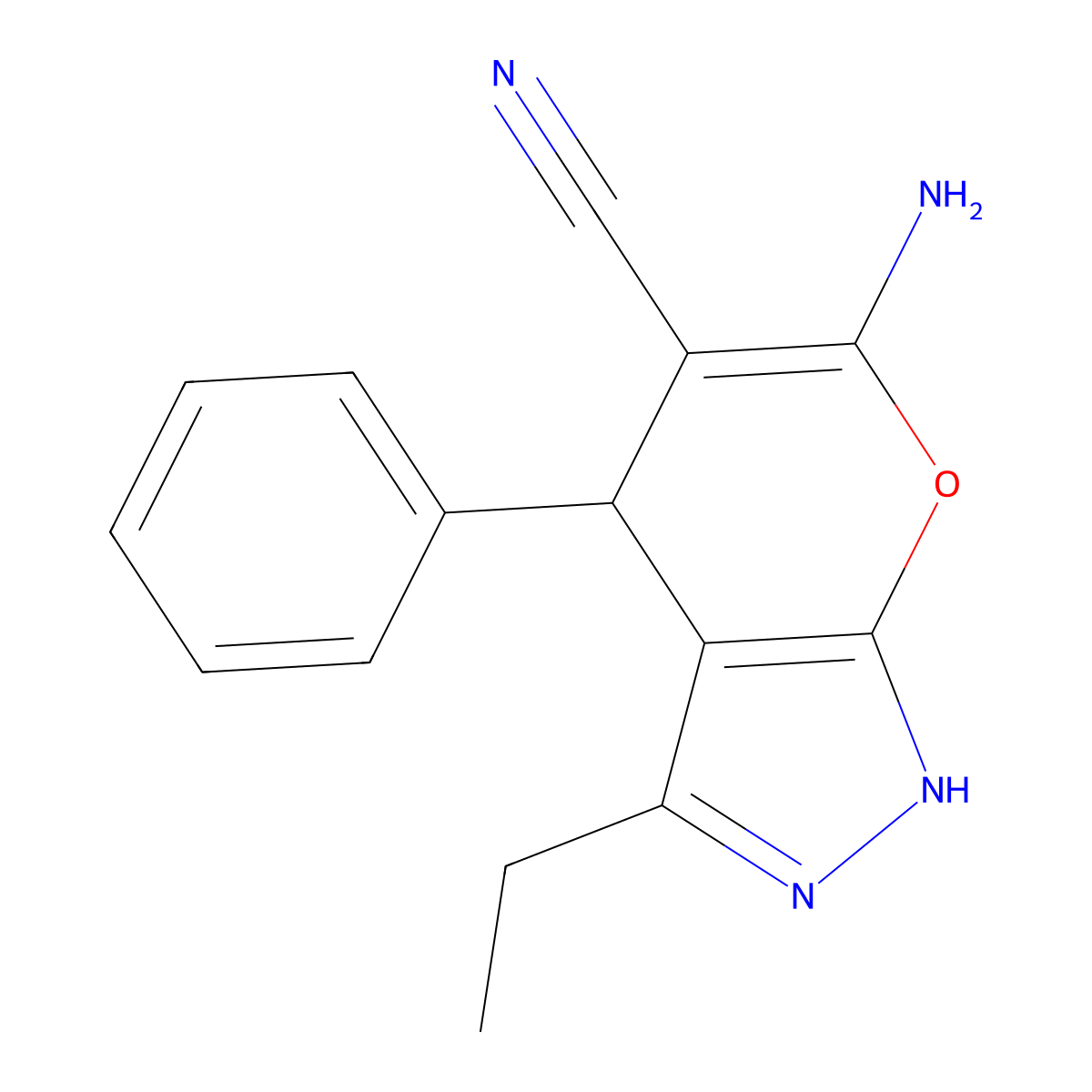 6-Amino-3-ethyl-4-phenyl-1,4-dihydropyrano[2,3-c]pyrazole-5-carbonitrile molecular structure, CAS 444790-63-0