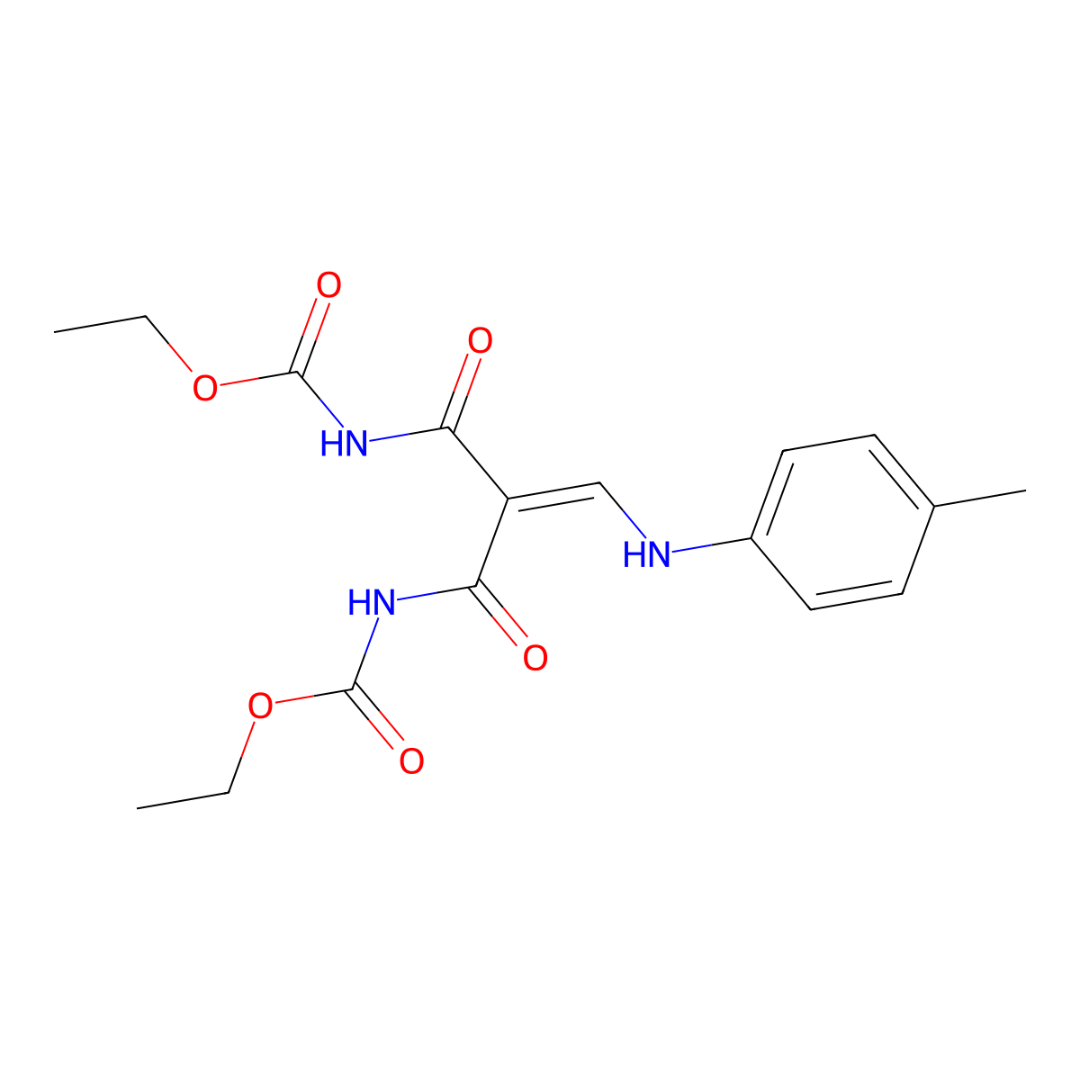 Ethyl 2-{[(ethoxycarbonyl)amino]carbonyl}-3-(4-toluidino)acryloylcarbamate molecular structure, CAS 444793-54-8