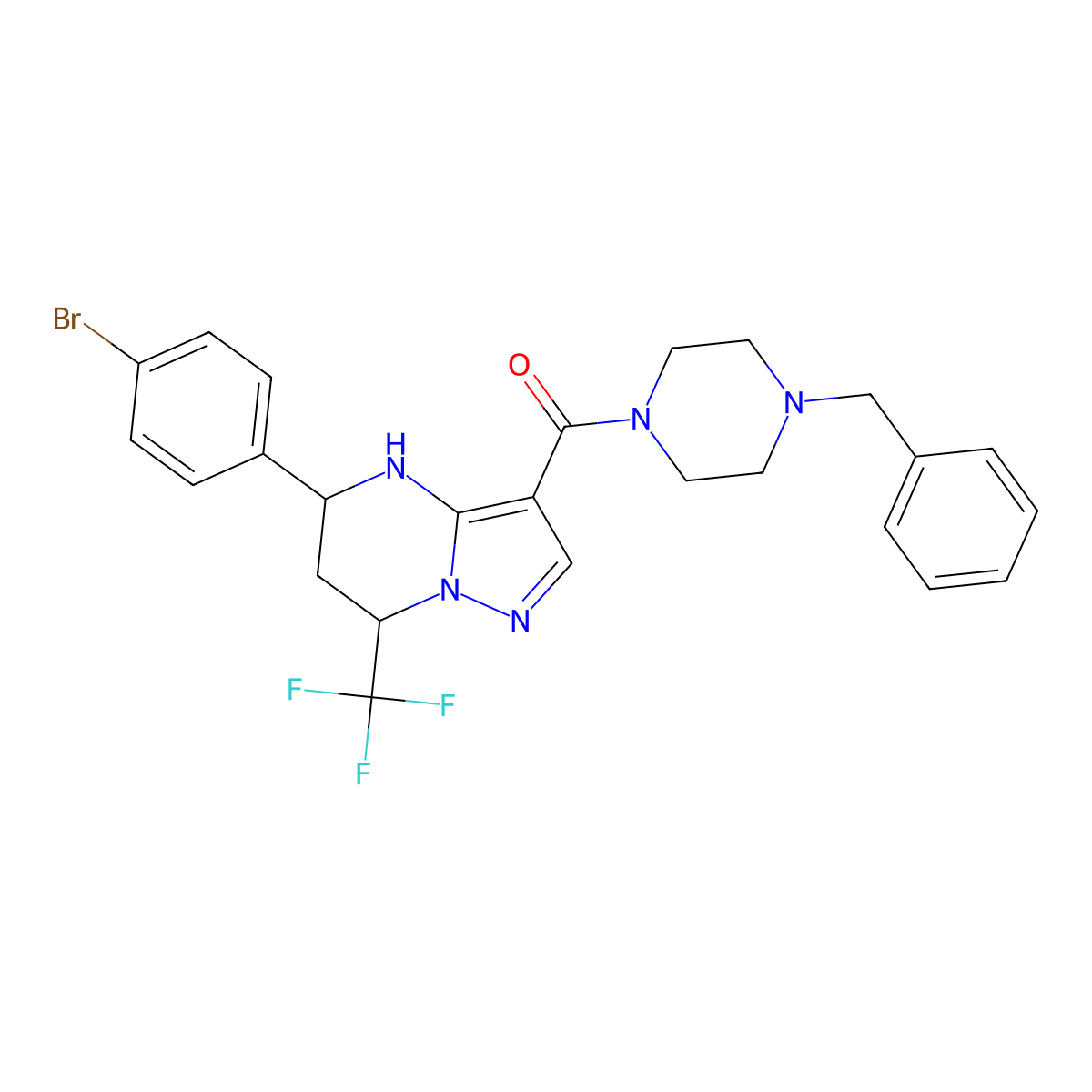 (4-Benzylpiperazin-1-yl)[5-(4-bromophenyl)-7-(trifluoromethyl)-4,5,6,7-tetrahydropyrazolo[1,5-a]pyrimidin-3-yl]methanone molecular structure, CAS 444904-83-0