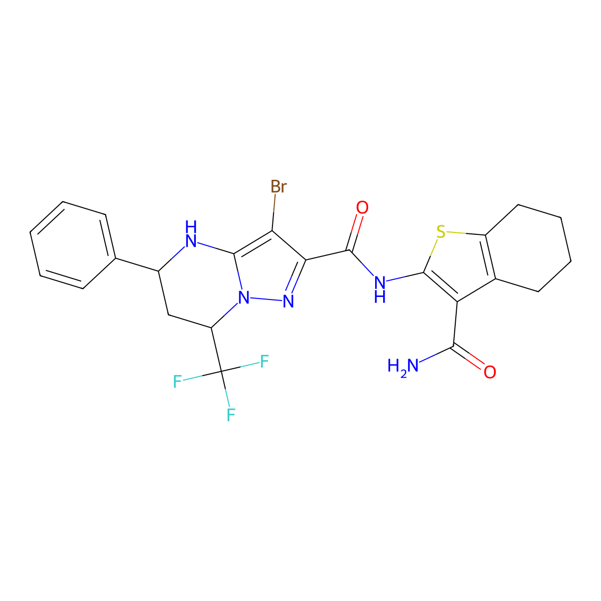 N-[3-(aminocarbonyl)-4,5,6,7-tetrahydro-1-benzothien-2-yl]-3-bromo-5-phenyl-7-(trifluoromethyl)-4,5,6,7-tetrahydropyrazolo[1,5-a]pyrimidine-2-carboxamide molecular structure, CAS 444904-95-4