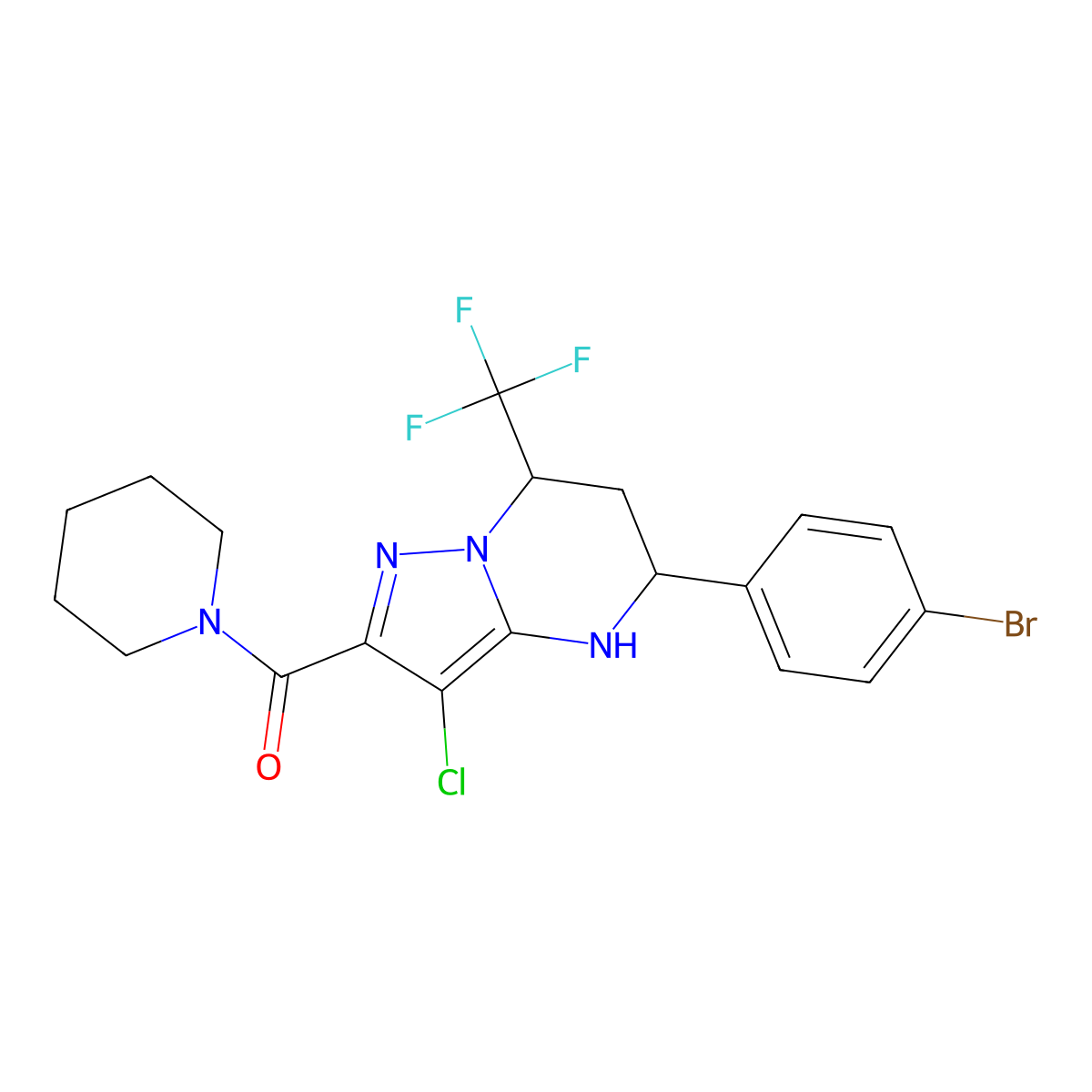 5-(4-Bromophenyl)-3-chloro-2-(1-piperidinylcarbonyl)-7-(trifluoromethyl)-4,5,6,7-tetrahydropyrazolo[1,5-a]pyrimidine molecular structure, CAS 444905-04-8