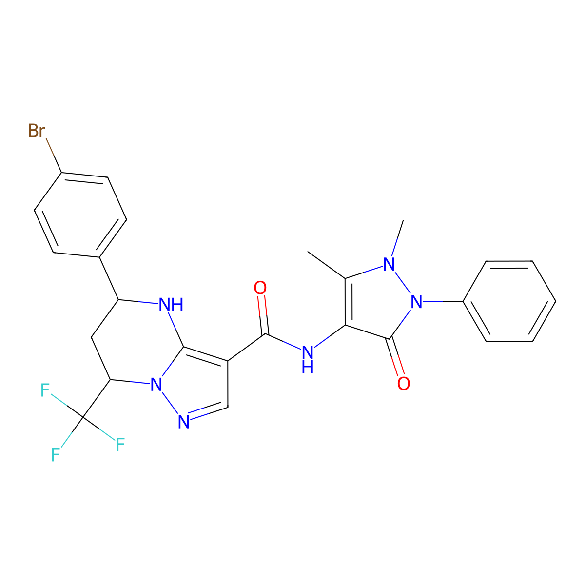 5-(4-bromophenyl)-N-(1,5-dimethyl-3-oxo-2-phenyl-2,3-dihydro-1H-pyrazol-4-yl)-7-(trifluoromethyl)-4,5,6,7-tetrahydropyrazolo[1,5-a]pyrimidine-3-carboxamide molecular structure, CAS 444905-05-9