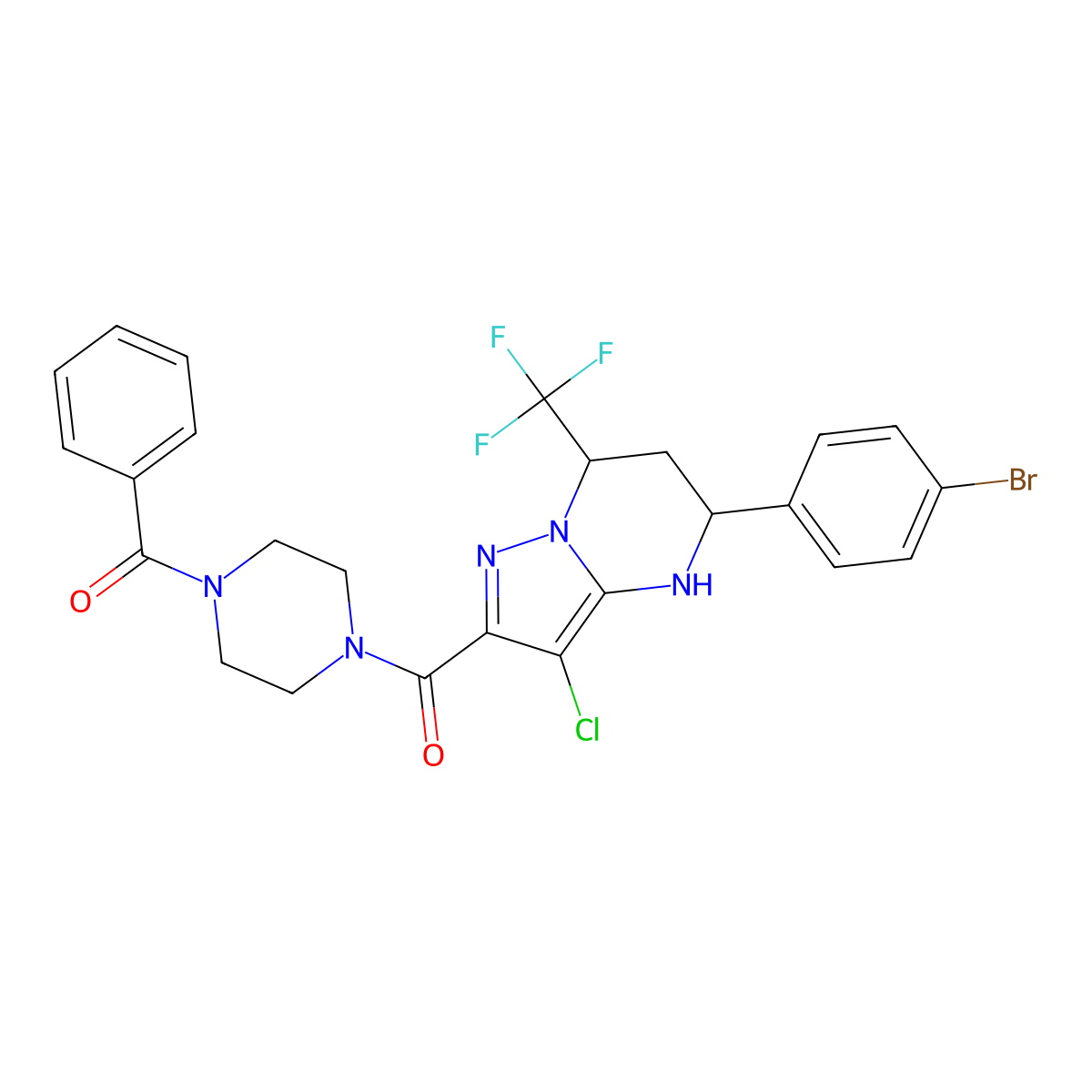 2-[(4-Benzoyl-1-piperazinyl)carbonyl]-5-(4-bromophenyl)-3-chloro-7-(trifluoromethyl)-4,5,6,7-tetrahydropyrazolo[1,5-a]pyrimidine molecular structure, CAS 444905-06-0