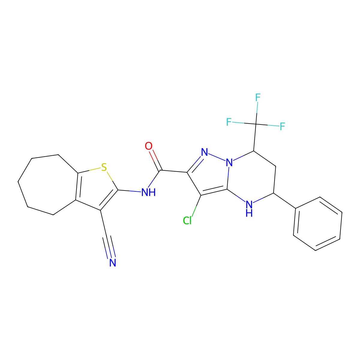3-chloro-N-(3-cyano-5,6,7,8-tetrahydro-4H-cyclohepta[b]thiophen-2-yl)-5-phenyl-7-(trifluoromethyl)-4,5,6,7-tetrahydropyrazolo[1,5-a]pyrimidine-2-carboxamide molecular structure, CAS 444905-08-2