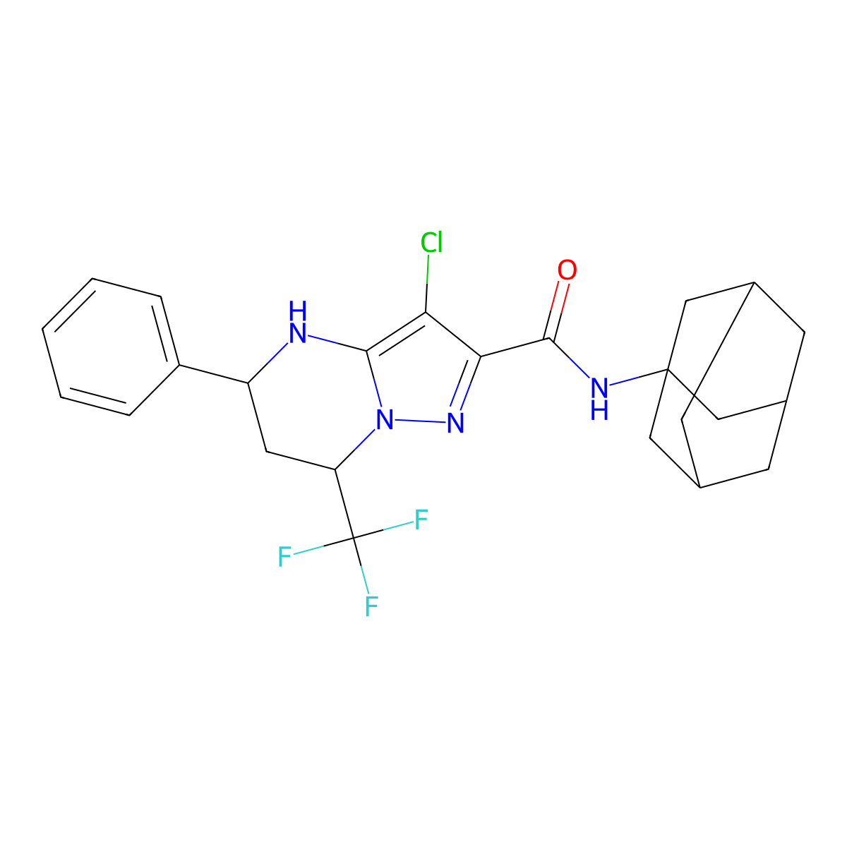 N-(1-adamantyl)-3-chloro-5-phenyl-7-(trifluoromethyl)-4,5,6,7-tetrahydropyrazolo[1,5-a]pyrimidine-2-carboxamide molecular structure, CAS 444905-10-6