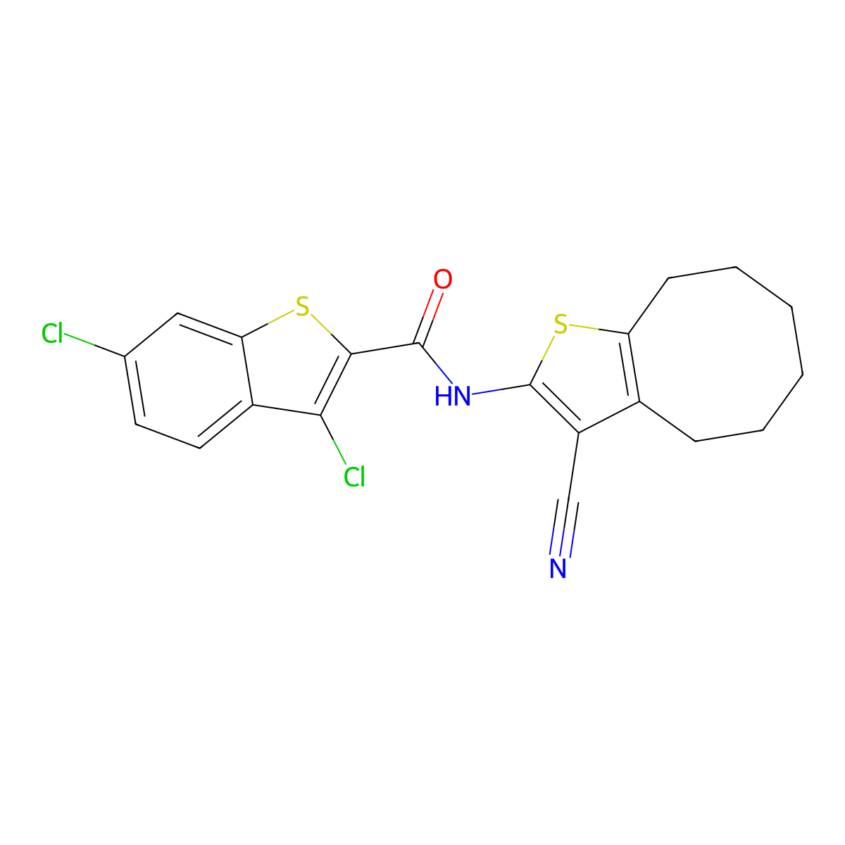 3,6-dichloro-N-(3-cyano-4,5,6,7,8,9-hexahydrocycloocta[b]thien-2-yl)-1-benzothiophene-2-carboxamide molecular structure, CAS 444905-17-3