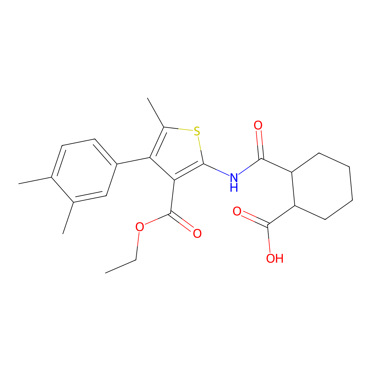 2-((4-(3,4-Dimethylphenyl)-3-(ethoxycarbonyl)-5-methylthiophen-2-yl)carbamoyl)cyclohexanecarboxylic acid molecular structure, CAS 444905-31-1