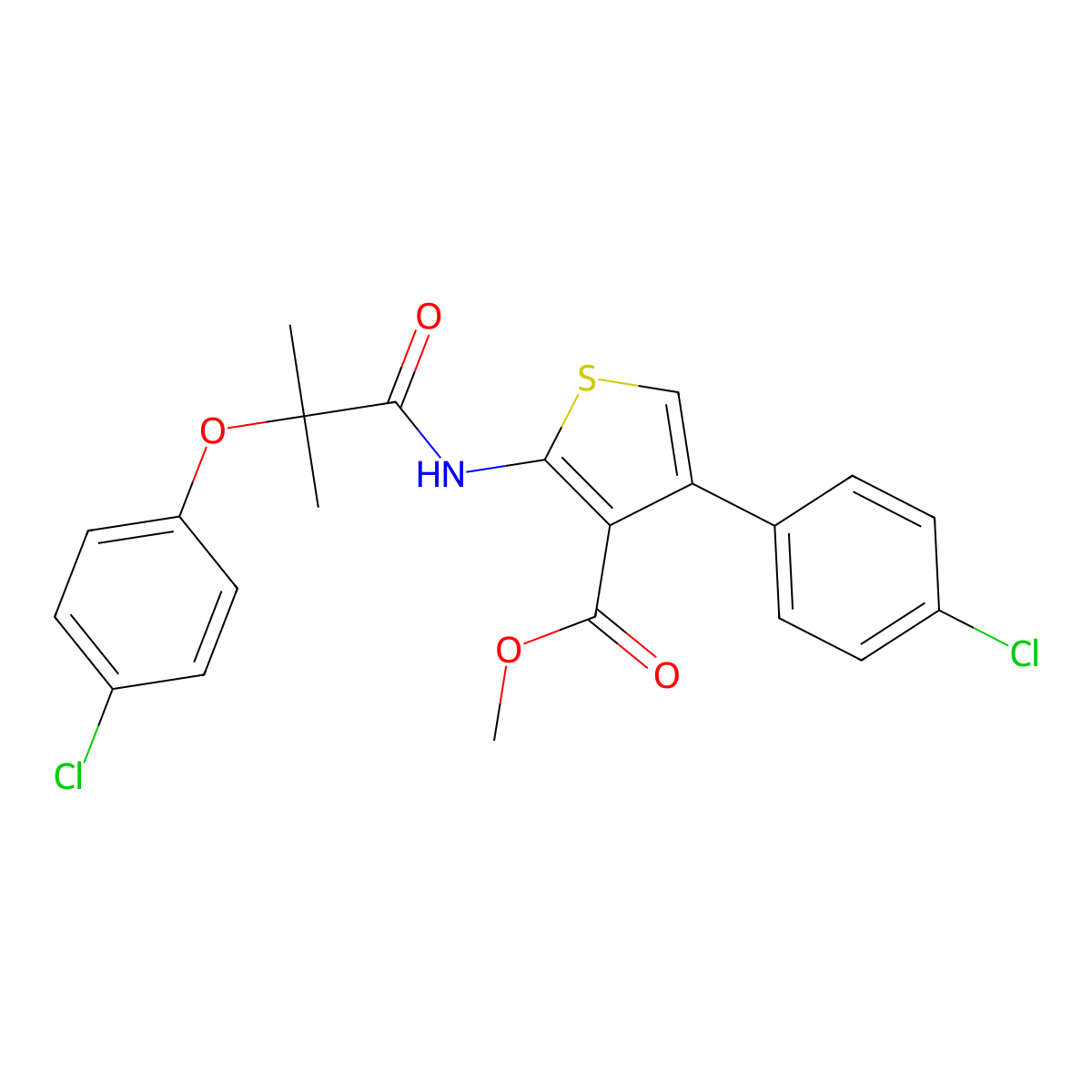 Methyl 2-[[2-(4-chlorophenoxy)-2-methylpropanoyl]amino]-4-(4-chlorophenyl)thiophene-3-carboxylate molecular structure, CAS 444906-01-8