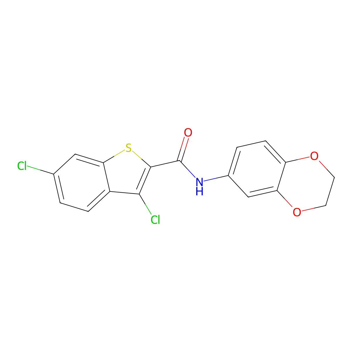 3,6-dichloro-N-(2,3-dihydro-1,4-benzodioxin-6-yl)-1-benzothiophene-2-carboxamide molecular structure, CAS 444906-28-9