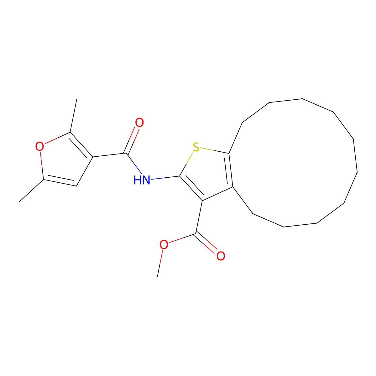Methyl 2-[(2,5-dimethylfuran-3-carbonyl)amino]-4,5,6,7,8,9,10,11,12,13-decahydrocyclododeca[b]thiophene-3-carboxylate molecular structure, CAS 444906-57-4
