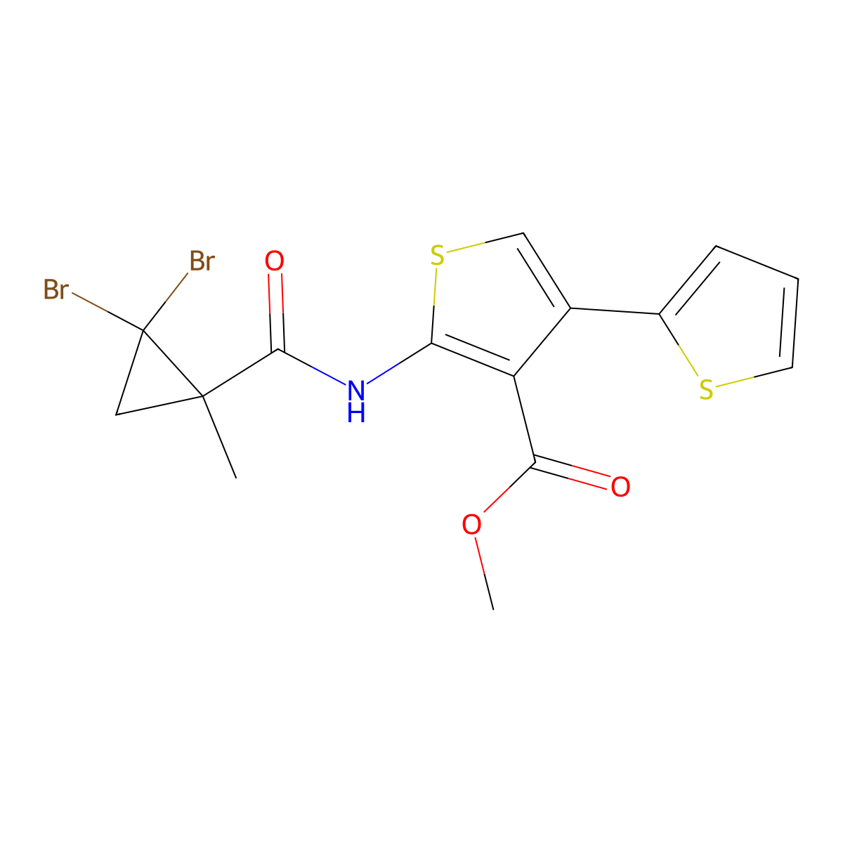 Methyl 2-[(2,2-dibromo-1-methylcyclopropanecarbonyl)amino]-4-thiophen-2-ylthiophene-3-carboxylate molecular structure, CAS 444906-90-5