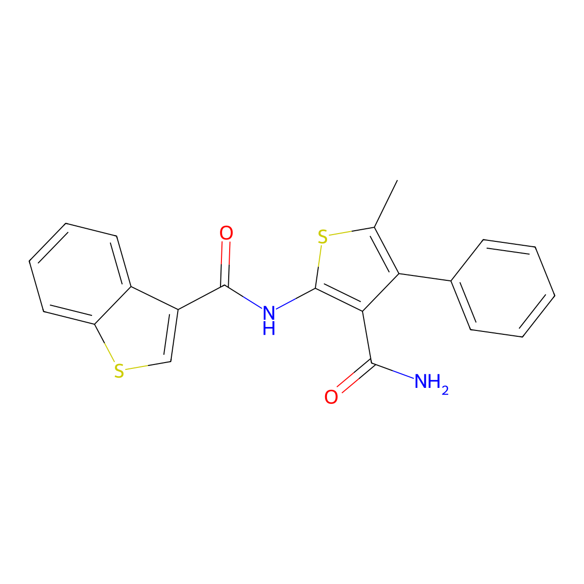 N-(3-carbamoyl-5-methyl-4-phenylthiophen-2-yl)-1-benzothiophene-3-carboxamide molecular structure, CAS 444907-59-9