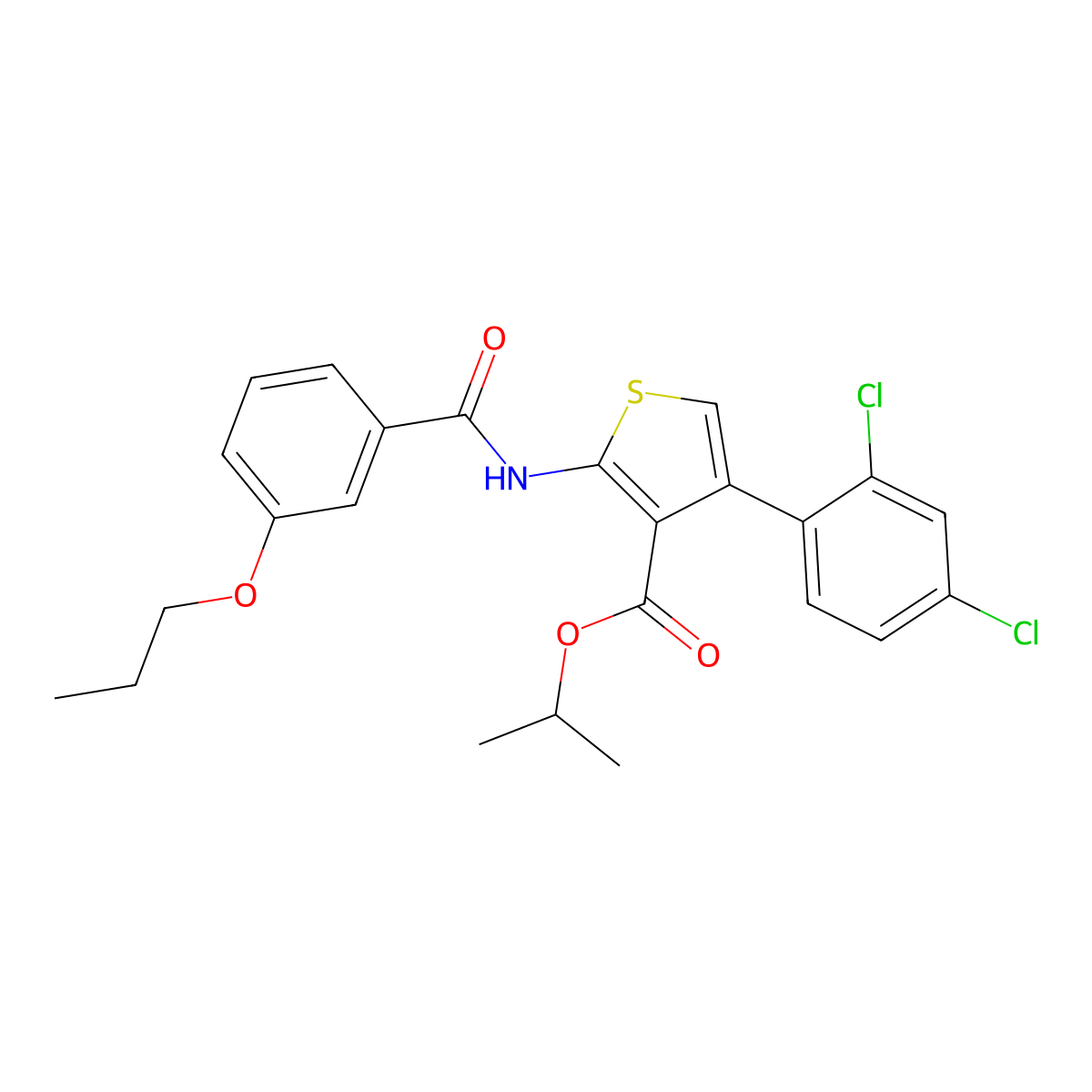 Isopropyl 4-(2,4-dichlorophenyl)-2-[(3-propoxybenzoyl)amino]-3-thiophenecarboxylate molecular structure, CAS 444908-47-8