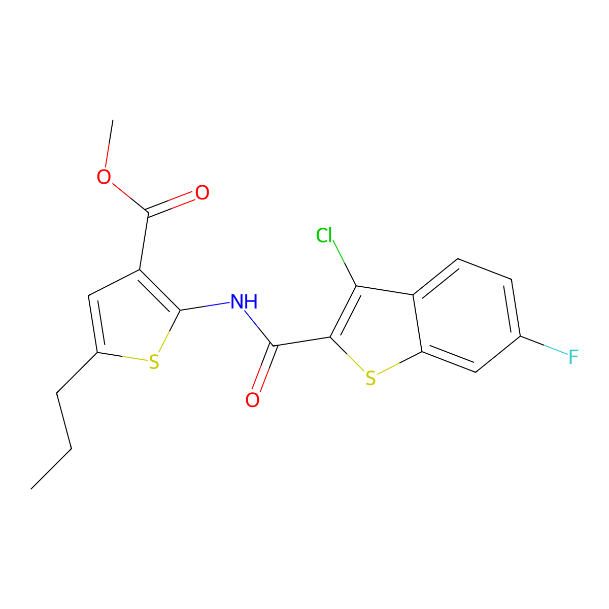 Methyl 2-[(3-chloro-6-fluoro-1-benzothiophene-2-carbonyl)amino]-5-propylthiophene-3-carboxylate molecular structure, CAS 444908-49-0