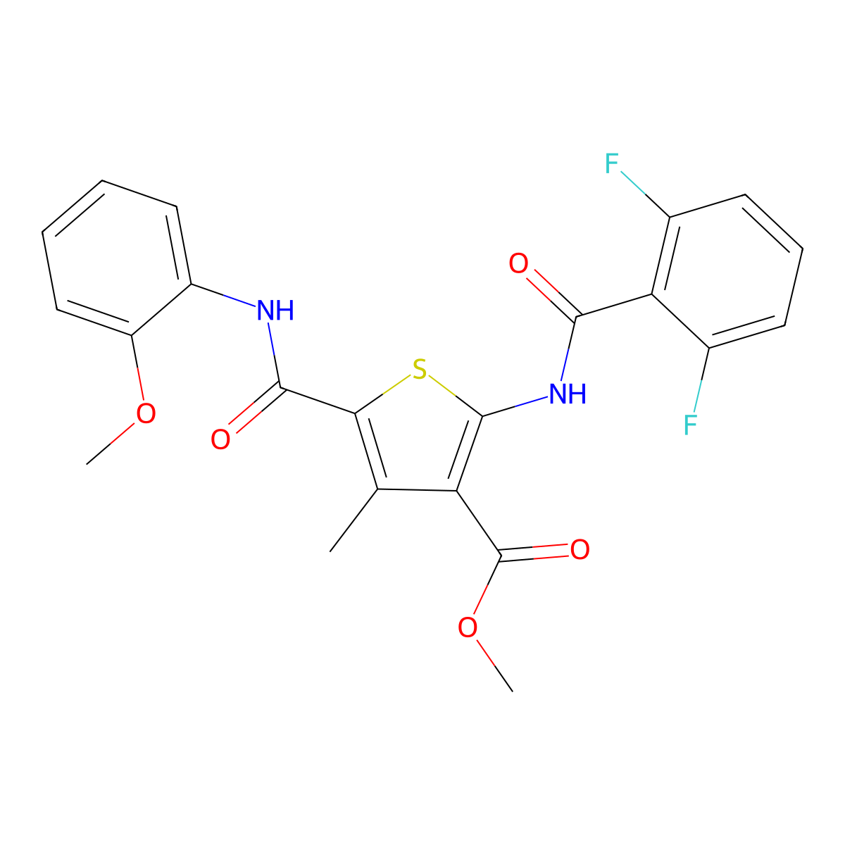 Methyl 2-[(2,6-difluorobenzoyl)amino]-5-[(2-methoxyanilino)carbonyl]-4-methyl-3-thiophenecarboxylate molecular structure, CAS 444908-80-9