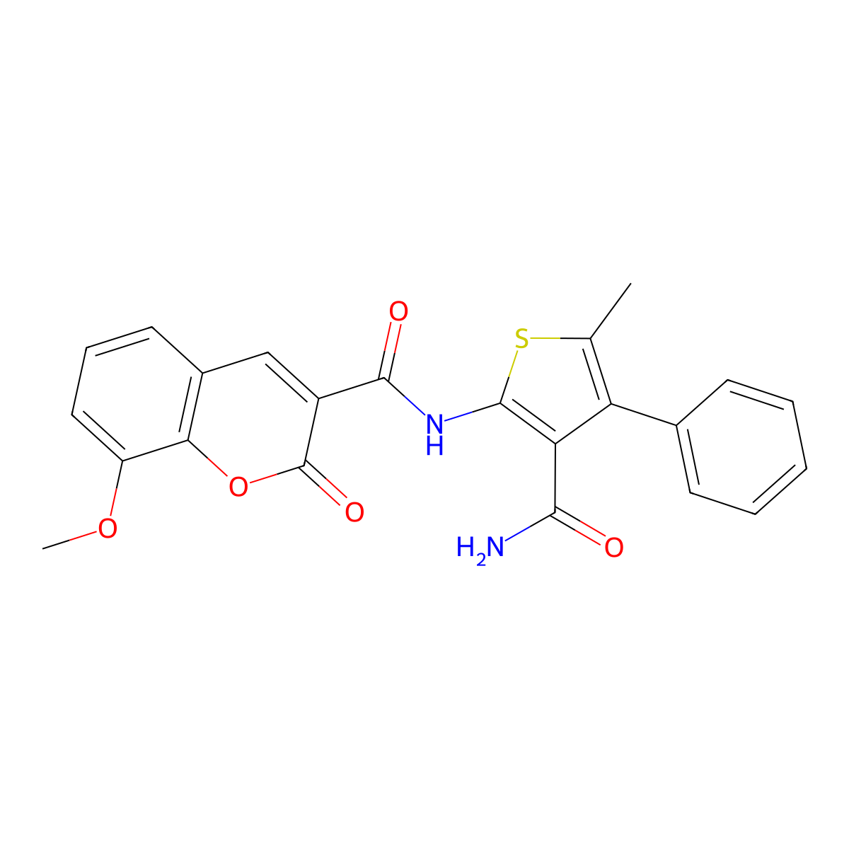 N-(3-carbamoyl-5-methyl-4-phenylthiophen-2-yl)-8-methoxy-2-oxochromene-3-carboxamide molecular structure, CAS 444908-85-4