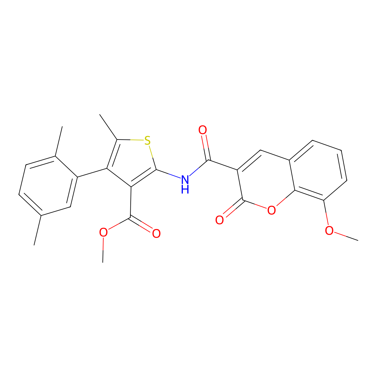 methyl 4-(2,5-dimethylphenyl)-2-{[(8-methoxy-2-oxo-2H-chromen-3-yl)carbonyl]amino}-5-methylthiophene-3-carboxylate molecular structure, CAS 444908-88-7