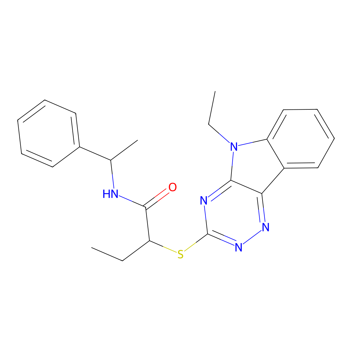 2-[(5-ethyl-[1,2,4]triazino[5,6-b]indol-3-yl)sulfanyl]-N-(1-phenylethyl)butanamide molecular structure, CAS 444908-90-1